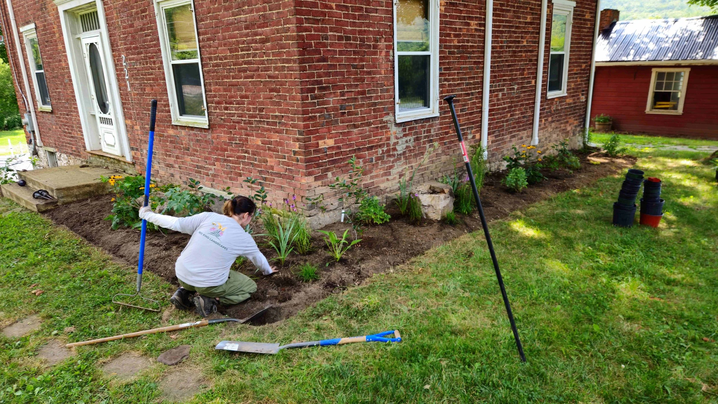 We generally plant smaller material on purpose.
You get more plants for your budget, they establish better, and they grow into the site instead of sitting on top of it. Landscapes have lifecycles, so we’d rather help something develop naturally over 