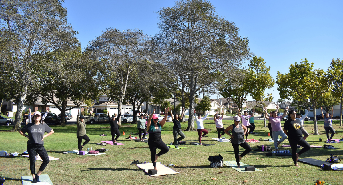 Yoga al Aire Libre student in tree pose during an outdoor class in a Ventura County park