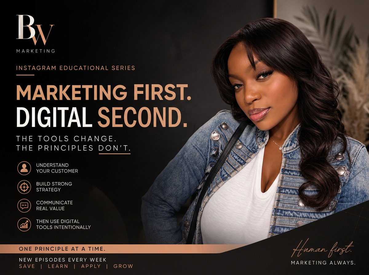 Promotional graphic for an Instagram educational series on marketing, featuring a woman with wavy hair wearing a denim jacket and a white top, with text highlighting key principles of marketing and digital tools.