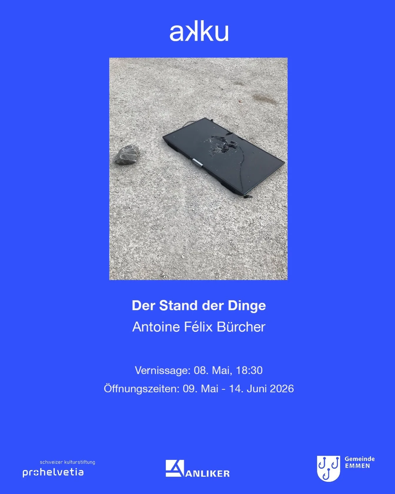 Mit der Reihe &laquo;Der Stand der Dinge&raquo; pr&auml;sentiert die akku Kunstplattform aufstrebende Kunstschaffende in institutionellen Einzelausstellungen. Als n&auml;chste Position zeigen wir Antoine F&eacute;lix B&uuml;rcher.

Der 1999 in Paris 