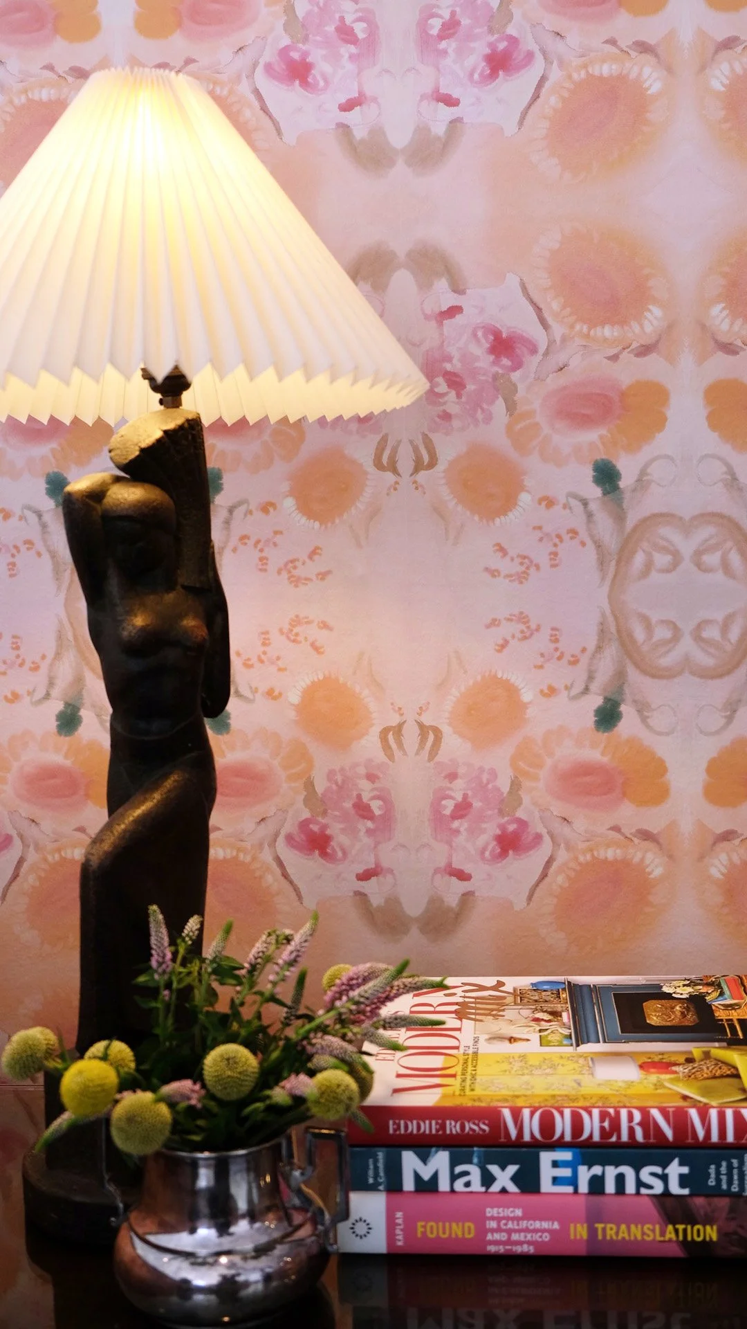 Pink Bouquet orange and pink floral wallpaper by Grace Mattingly for Maison Lenoble in an interior