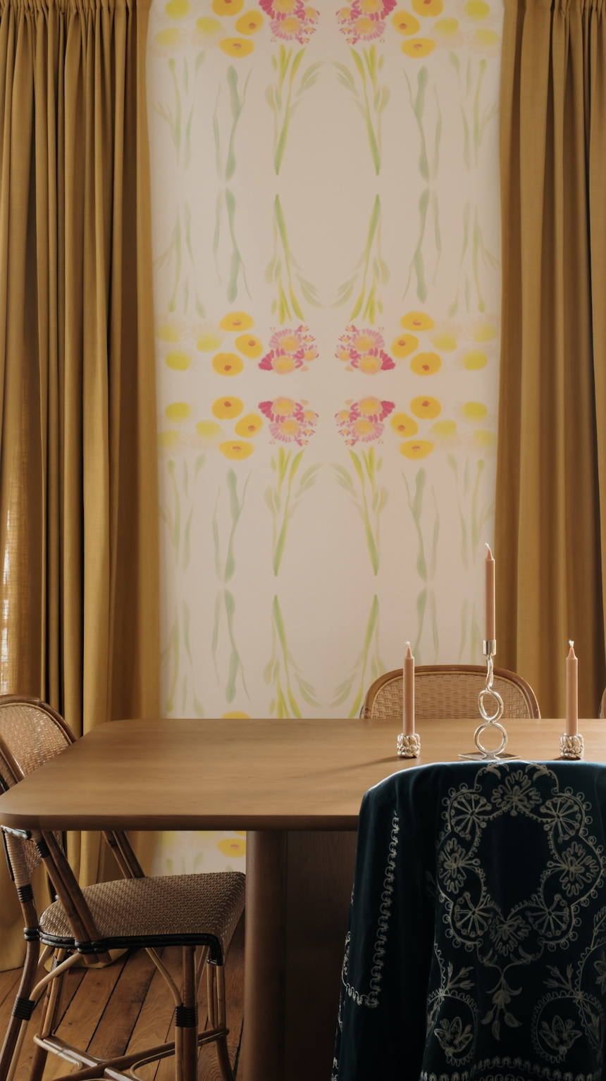 Sunshine Meadow pink, yellow and orange Art Nouveau floral wallpaper by Grace Mattingly for Maison Lenoble in an interior