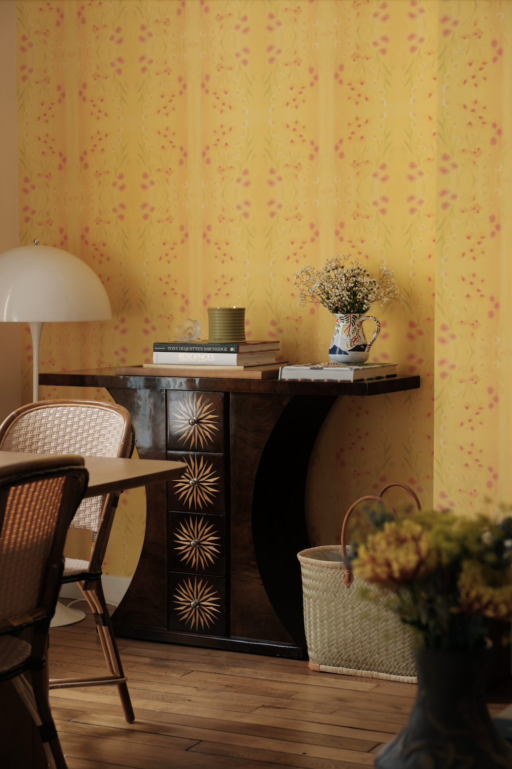 Sunset Wildflowers yellow floral wallpaper by Grace Mattingly for Maison Lenoble in an interior