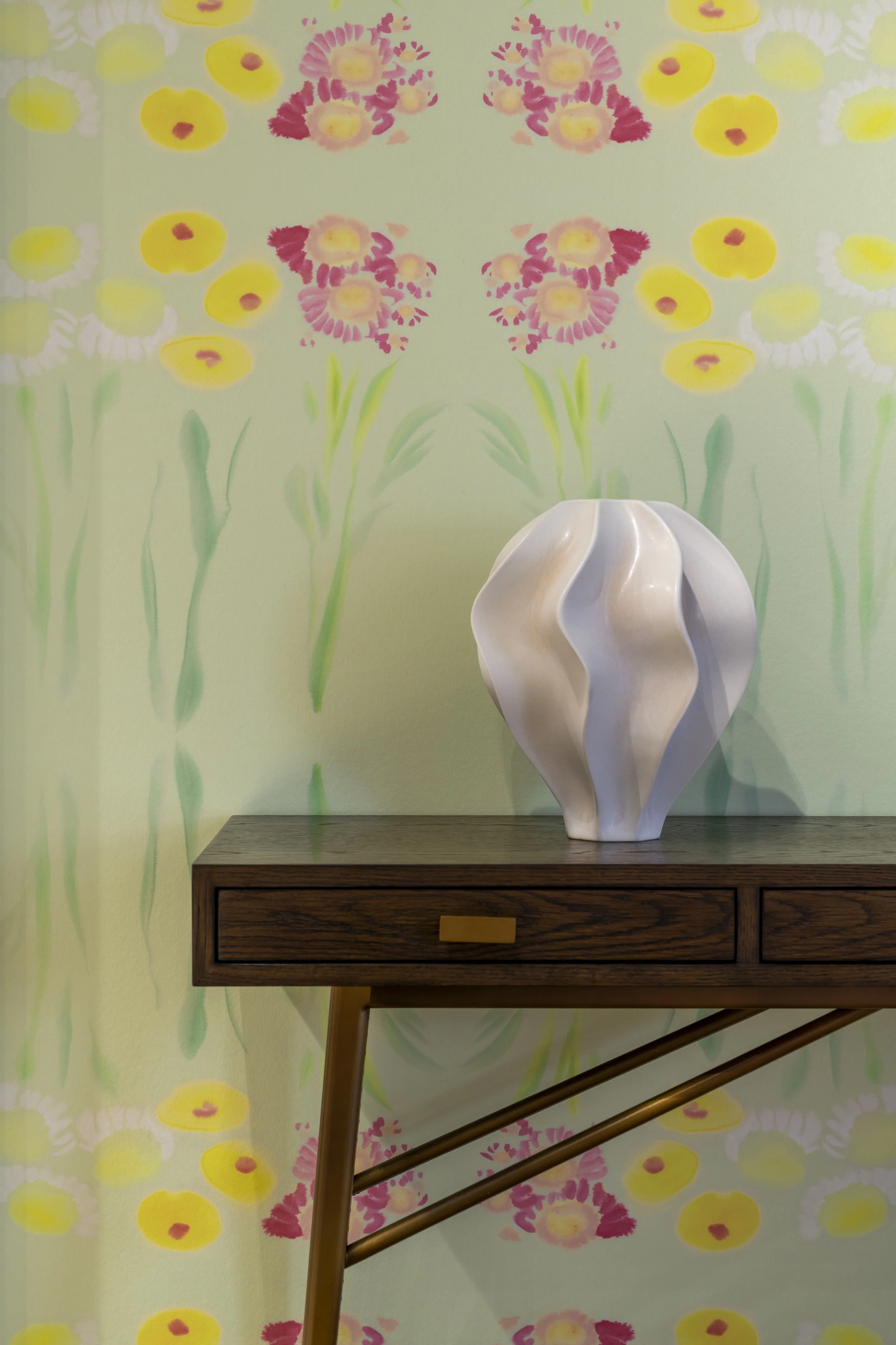 Sunshine Meadow green Art Nouveau floral wallpaper by Grace Mattingly for Maison Lenoble in an interior