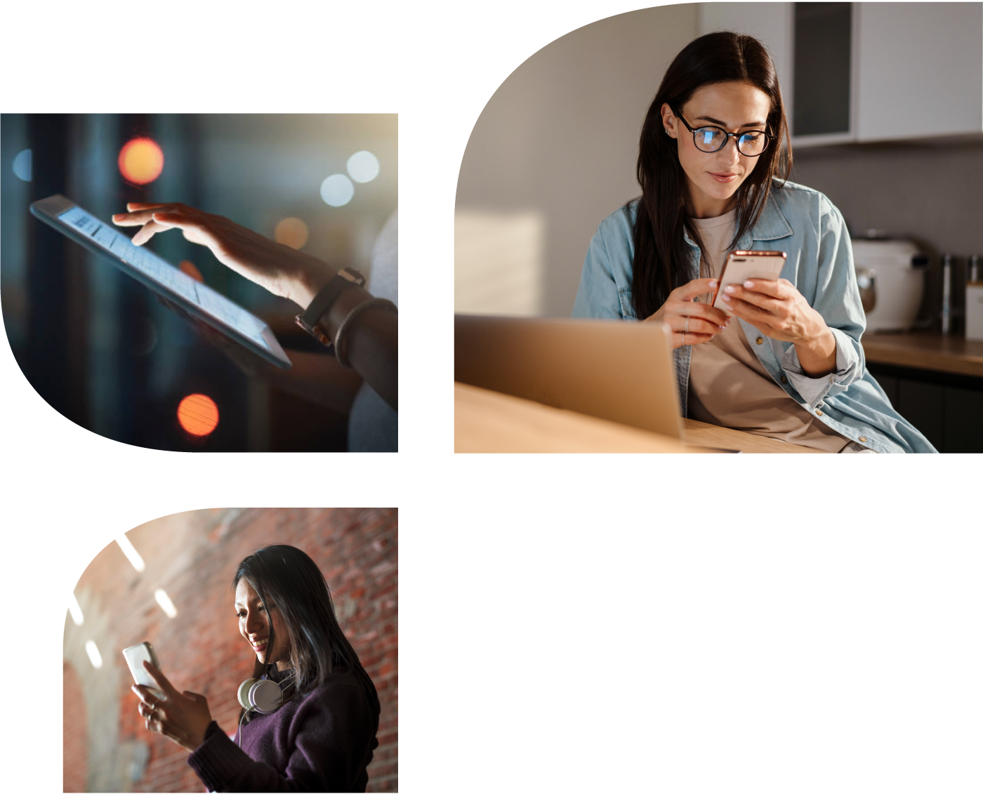 Three women each using a smartphone: one in an indoor kitchen, one in an indoor space with a brick wall, and one outside with a brick archway.