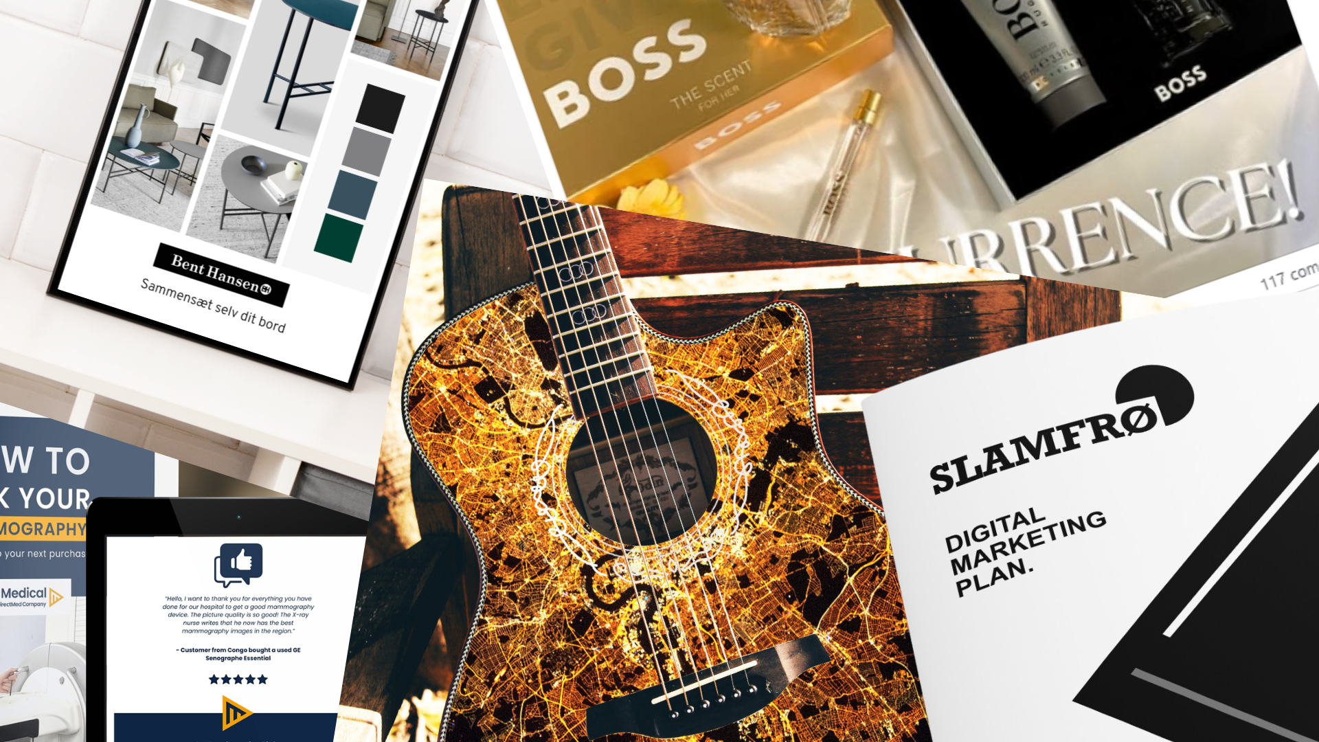 Collage of various items including a guitar with a city map design, marketing and branding materials, a BOSS perfume box, and interior design brochures, arranged on a white surface.