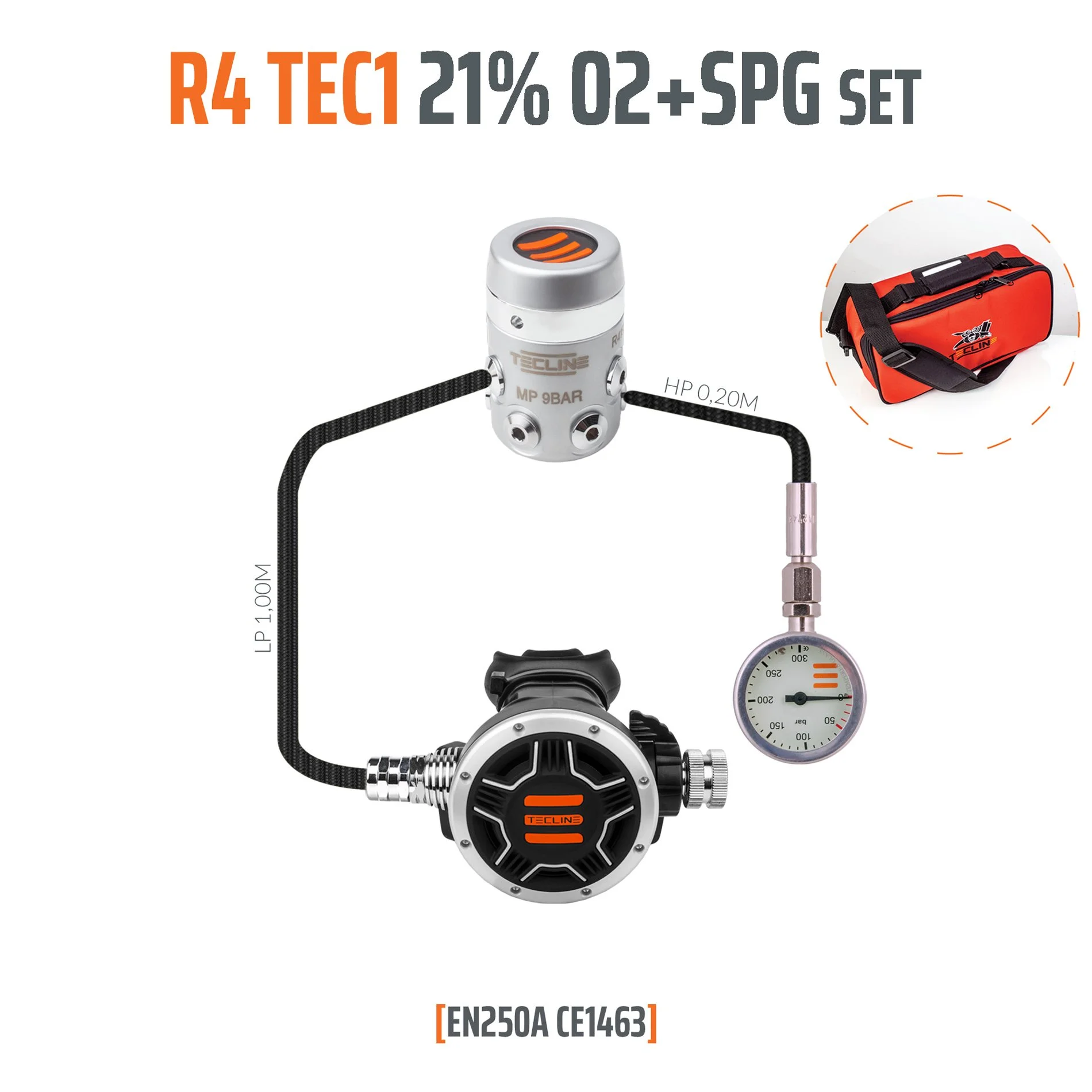 Tecline R4 TEC1 stage regulator set with black second stage, pressure gauge, black hoses and regulator bag