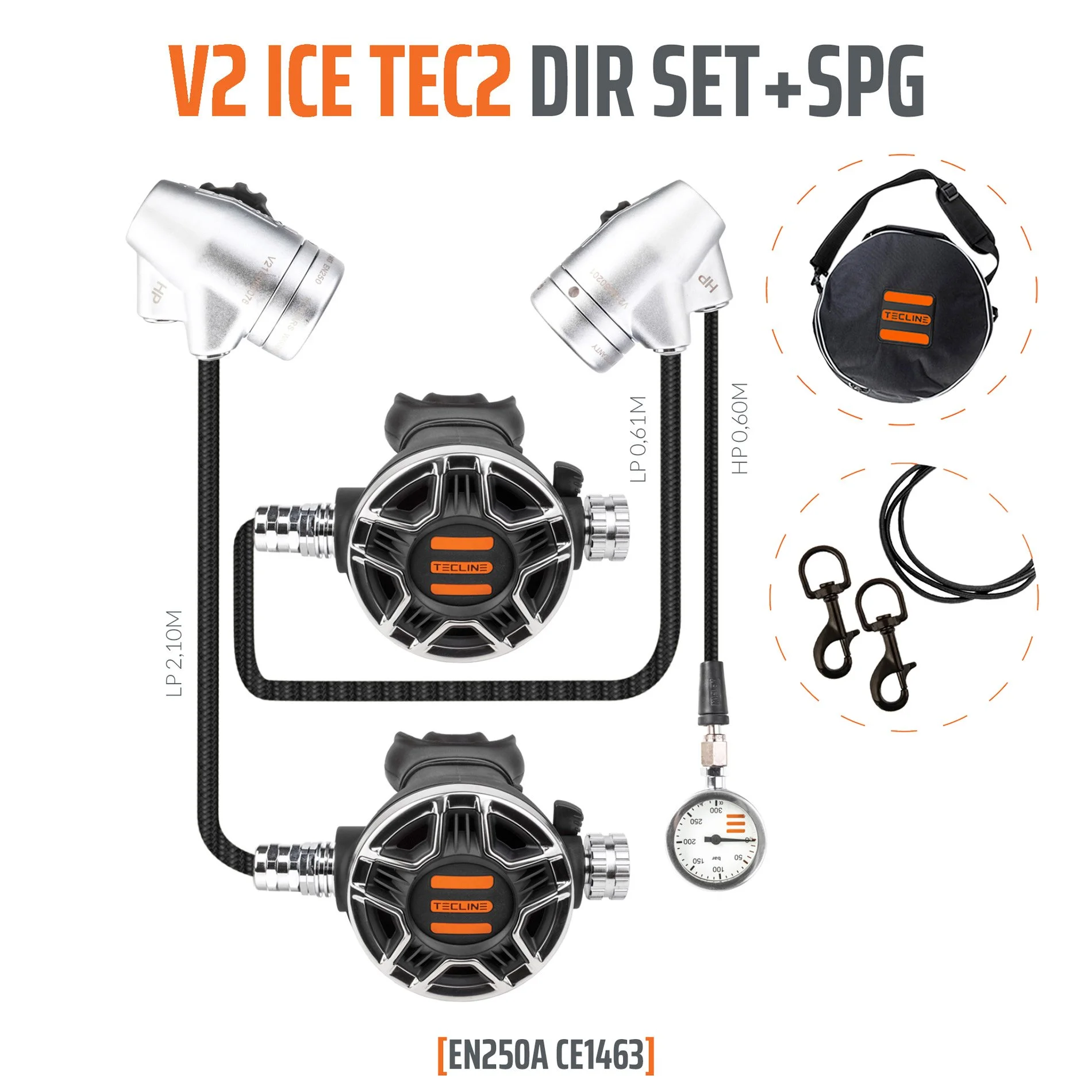 Tecline V2 ICE TEC2 DIR regulator set with left and right first stages, two second stages, pressure gauge, hoses and bag