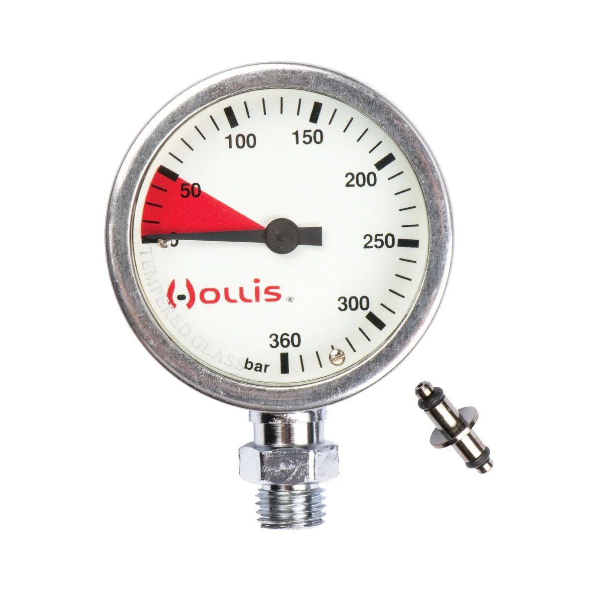 Hollis 2-inch pressure gauge with a luminous 0–360 bar dial and an air spool pictured alongside