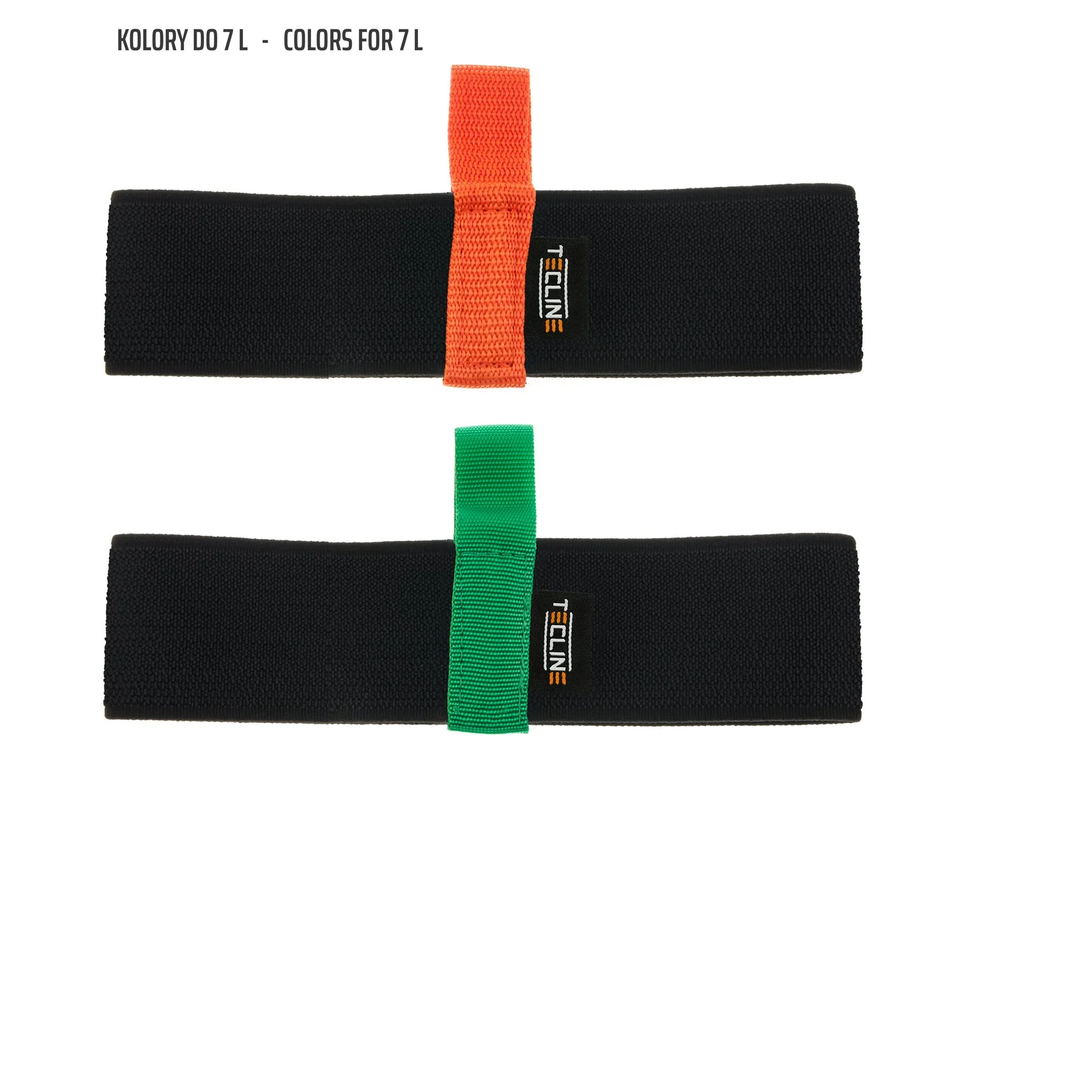 Tecline 7-litre stage-cylinder elastic bands showing orange and green pull-tab options
