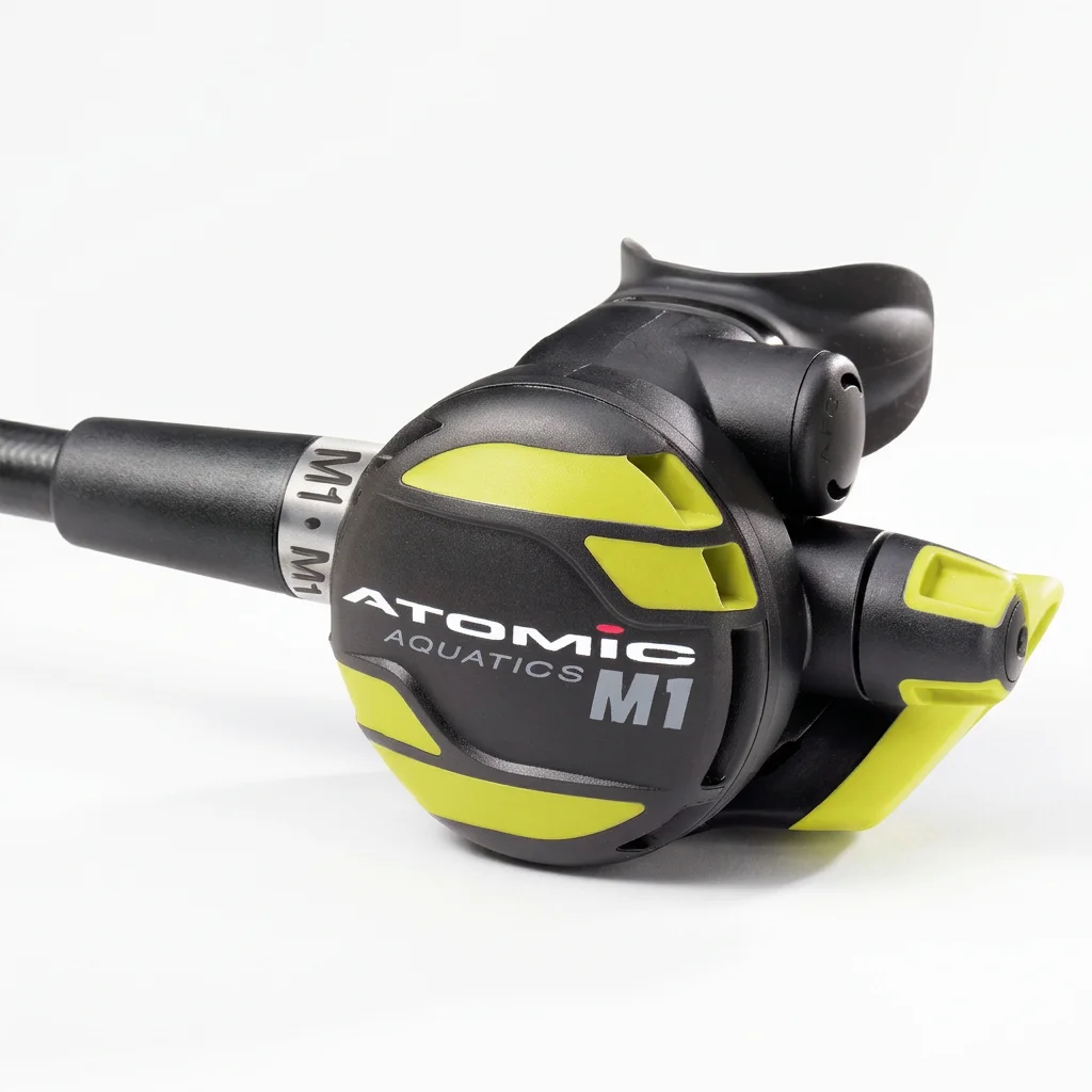 Atomic Aquatics M1 Octopus with yellow trim and breathing-resistance adjustment knob