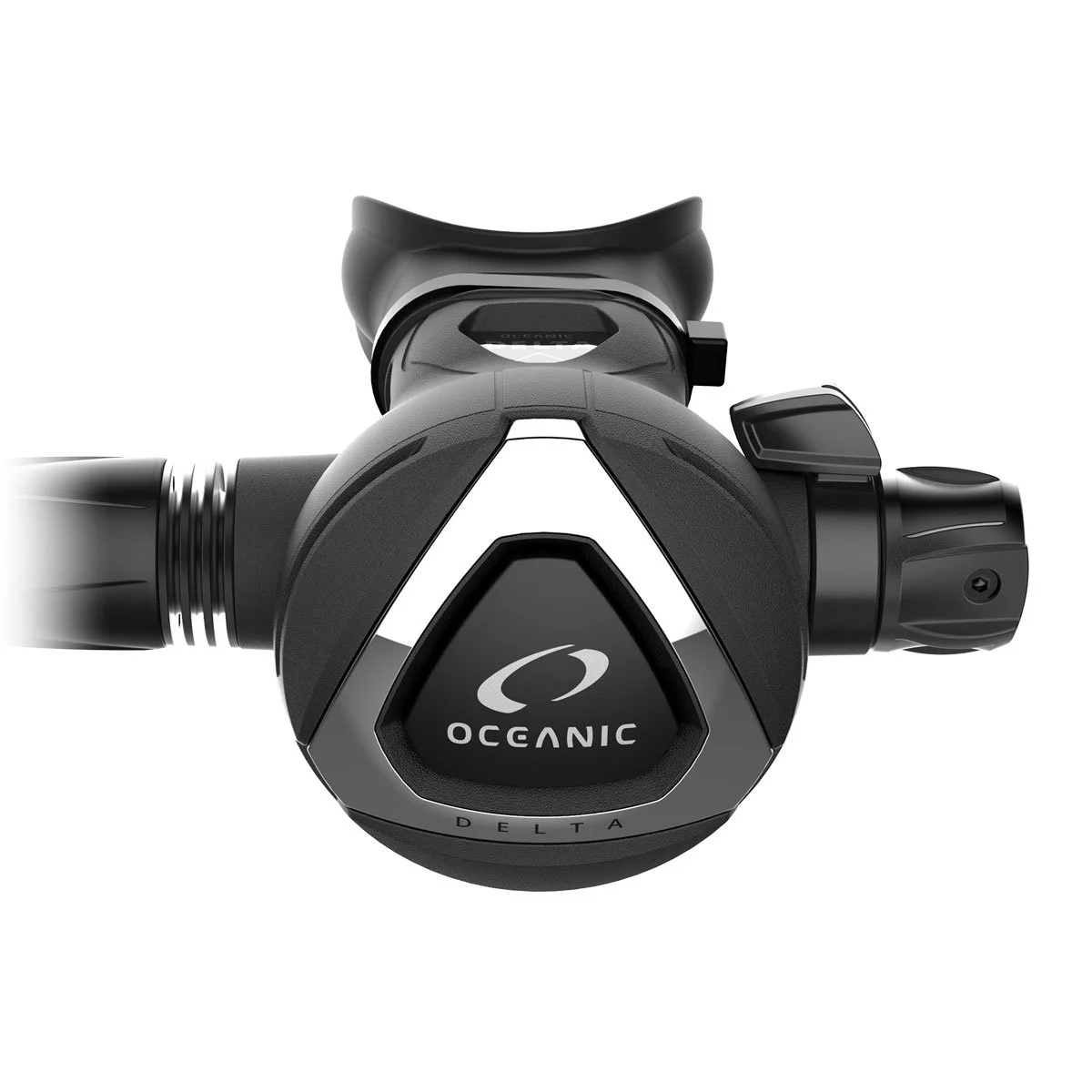 Oceanic Delta 5 black second-stage regulator with airflow adjustment knob and dive/pre-dive lever