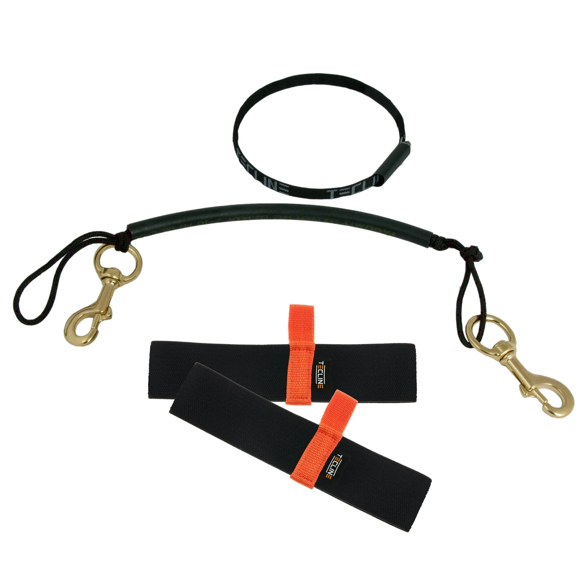 Tecline stage rigging kit with brass bolt snaps and elastic bands with orange pull tabs