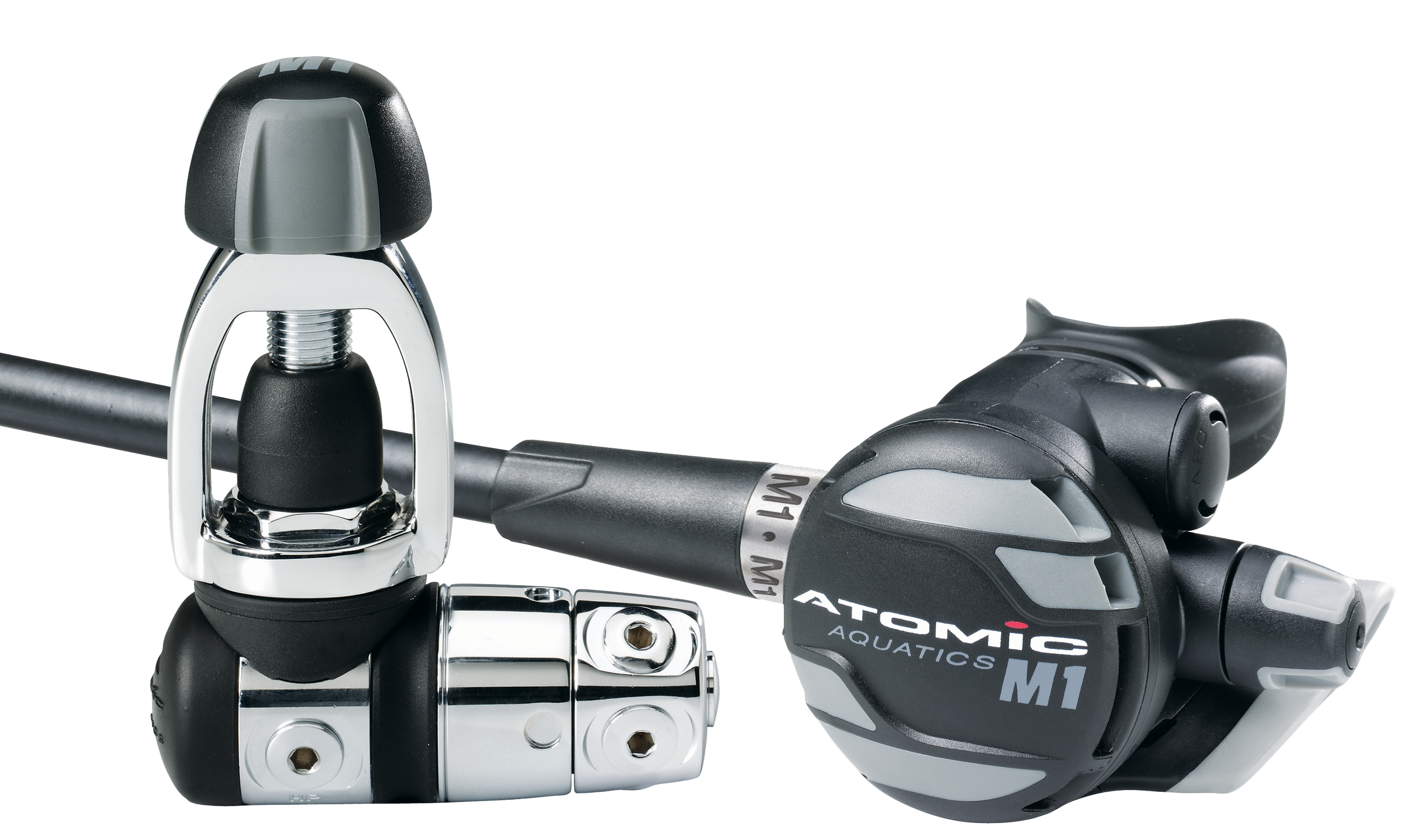 Atomic Aquatics M1 yoke regulator showing the chrome first stage, black and grey second stage and hose