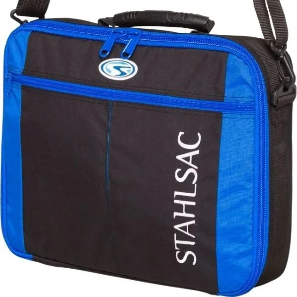 Black and blue Stahlsac Molokini regulator bag with shoulder strap