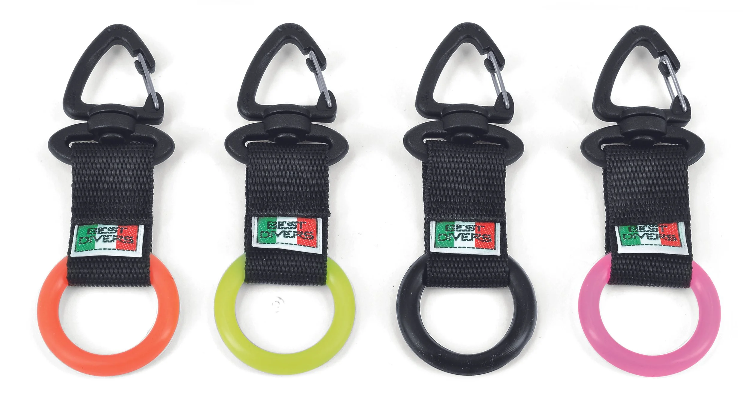 Best Divers octopus holders with black straps and orange, yellow, black and pink silicone rings