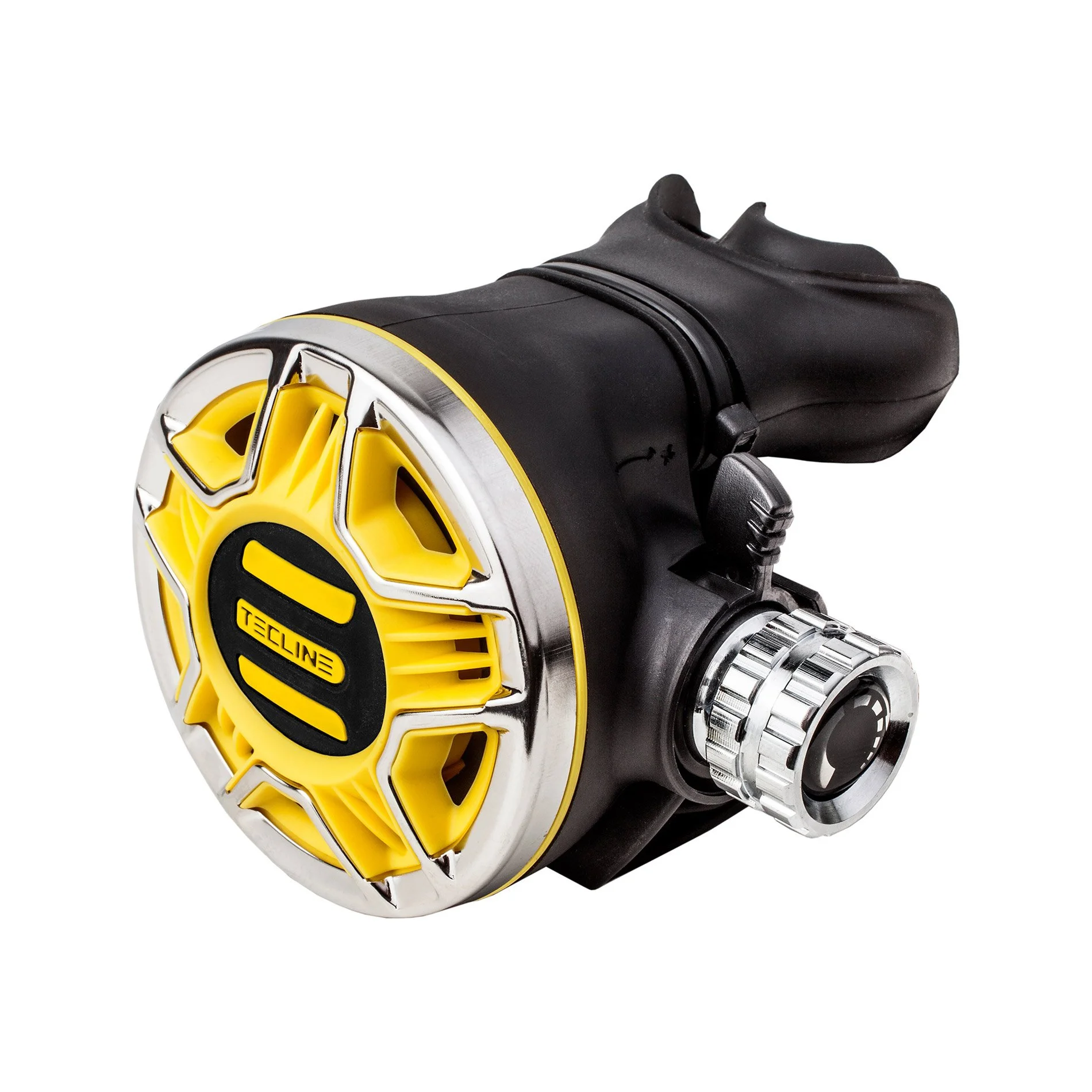 Tecline TEC2 Yellow Octopus showing its breathing-resistance adjustment knob and Venturi lever