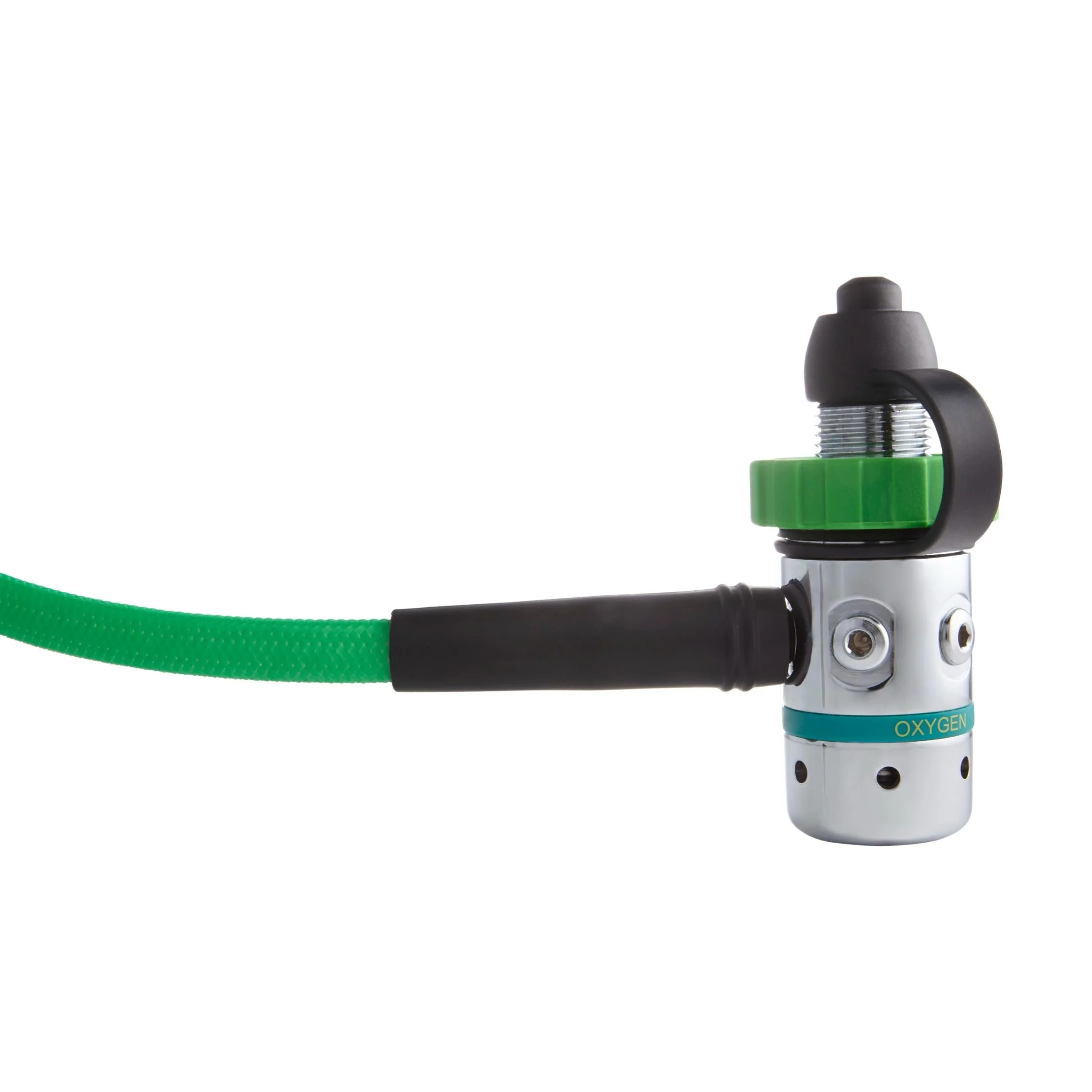 Hollis HO2 oxygen first stage showing its green DIN handwheel and oxygen marking