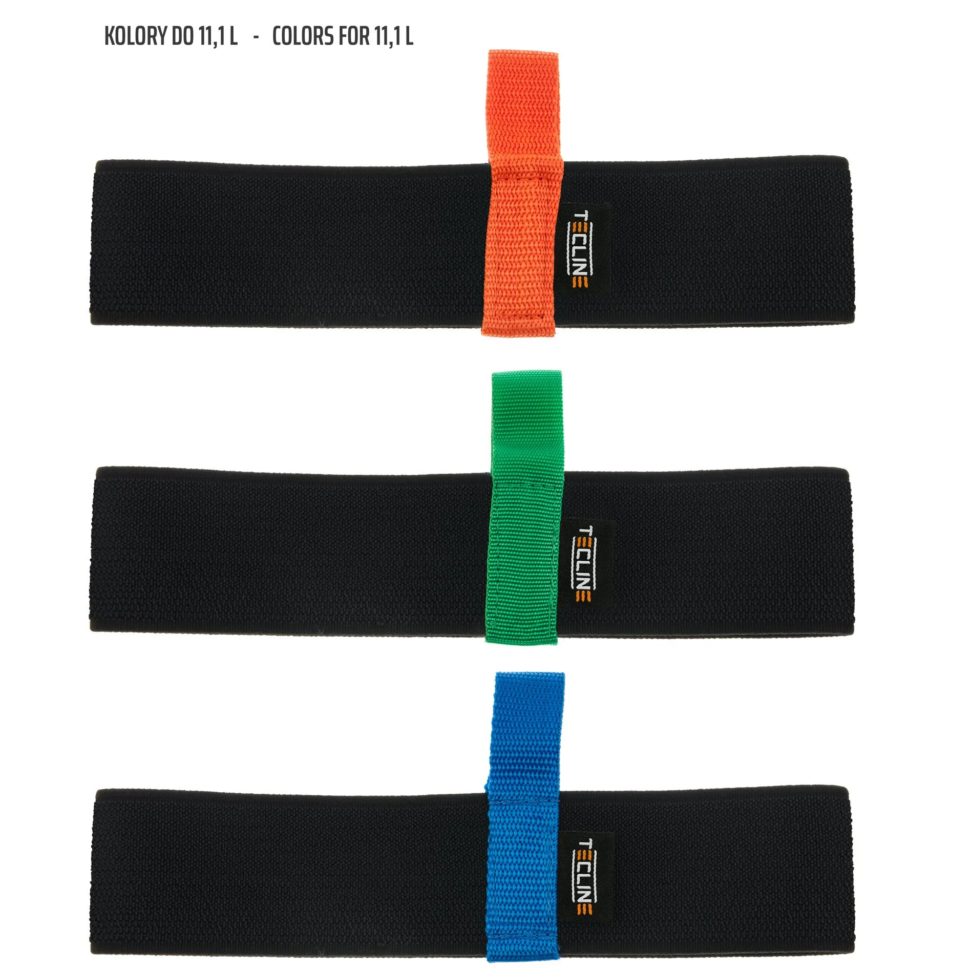 Tecline stage-cylinder elastic bands showing orange, green and blue pull-tab options for the 10-litre and 11.1-litre kit