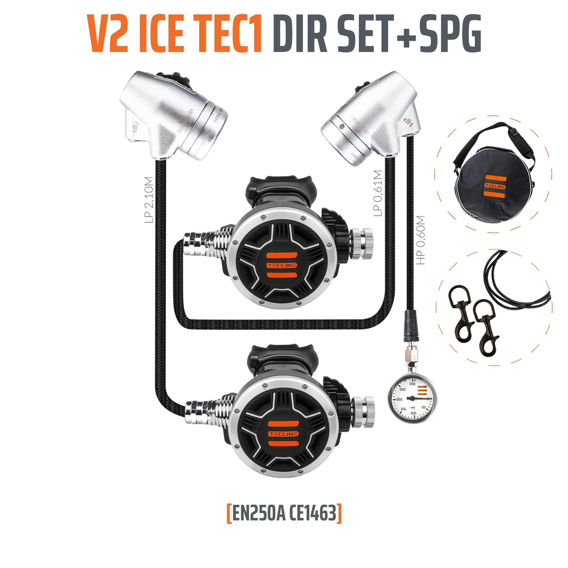 Tecline V2 ICE TEC1 DIR regulator set with left and right first stages, two second stages, pressure gauge, hoses and bag