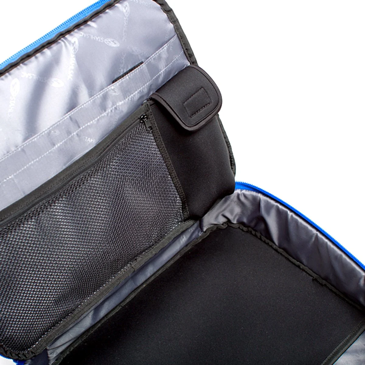 Inside the Stahlsac Molokini regulator bag showing the mesh pocket and neoprene computer holder