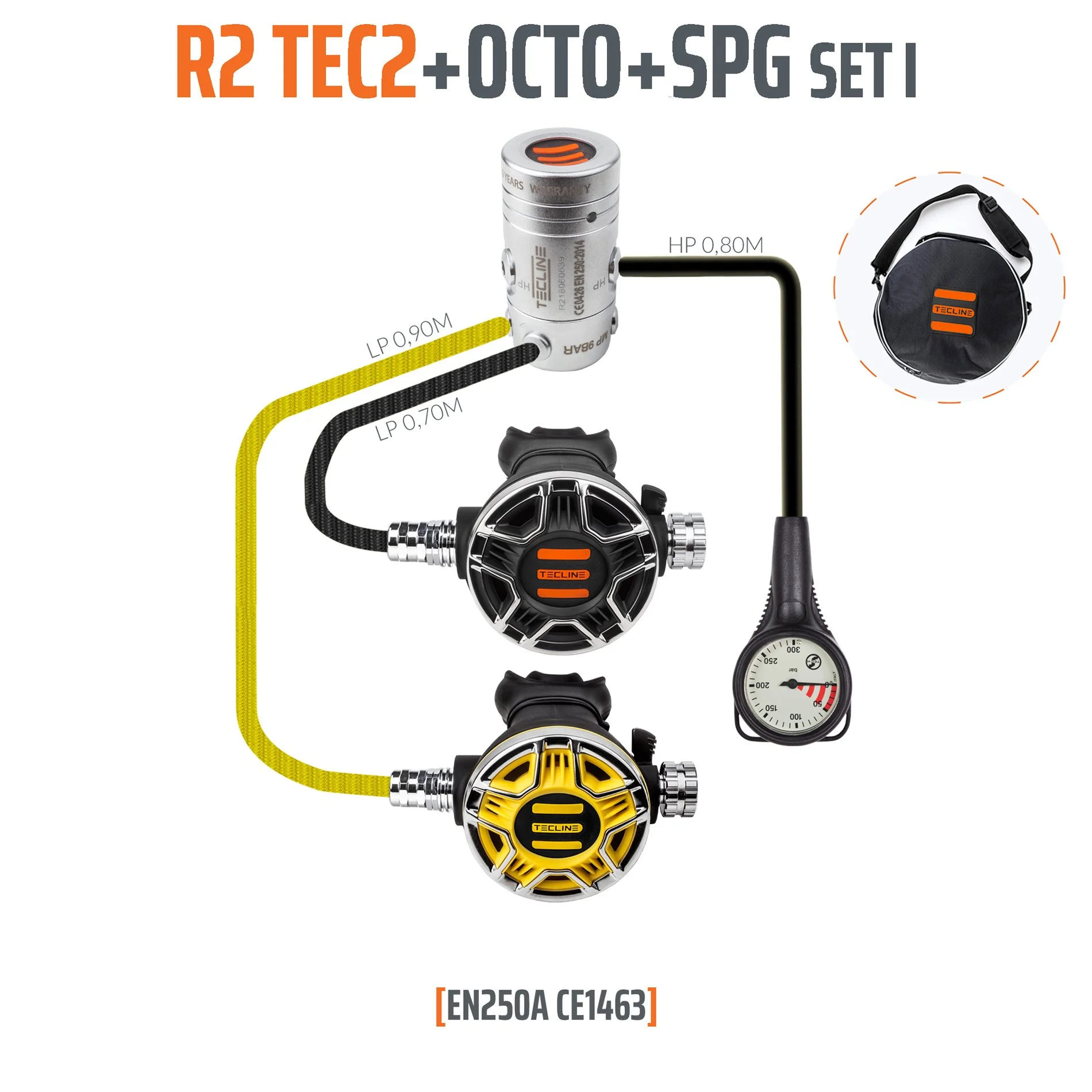 Tecline R2 TEC2 regulator set with black primary second stage, yellow octopus, pressure gauge, hoses and bag