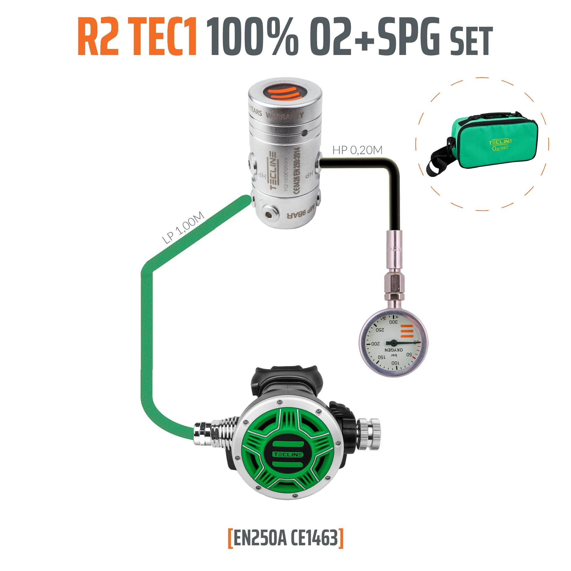 Tecline R2 TEC1 oxygen stage regulator set with green second stage, pressure gauge, hoses and regulator bag