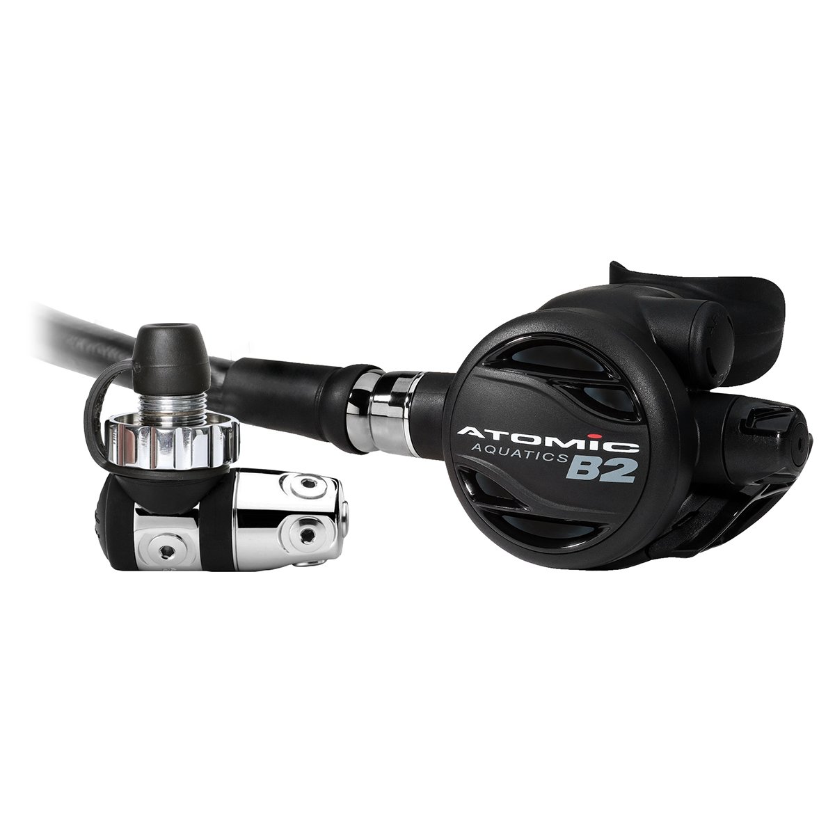Atomic Aquatics B2 DIN regulator showing the chrome first stage, black second stage and Comfort Swivel hose