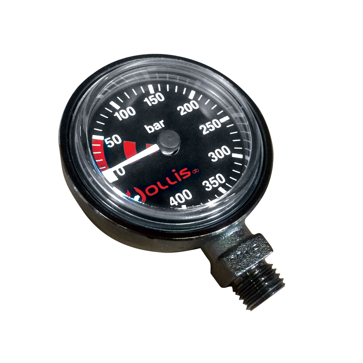 Hollis Low Profile Brass pressure gauge with a black 0–400 bar dial and white markings