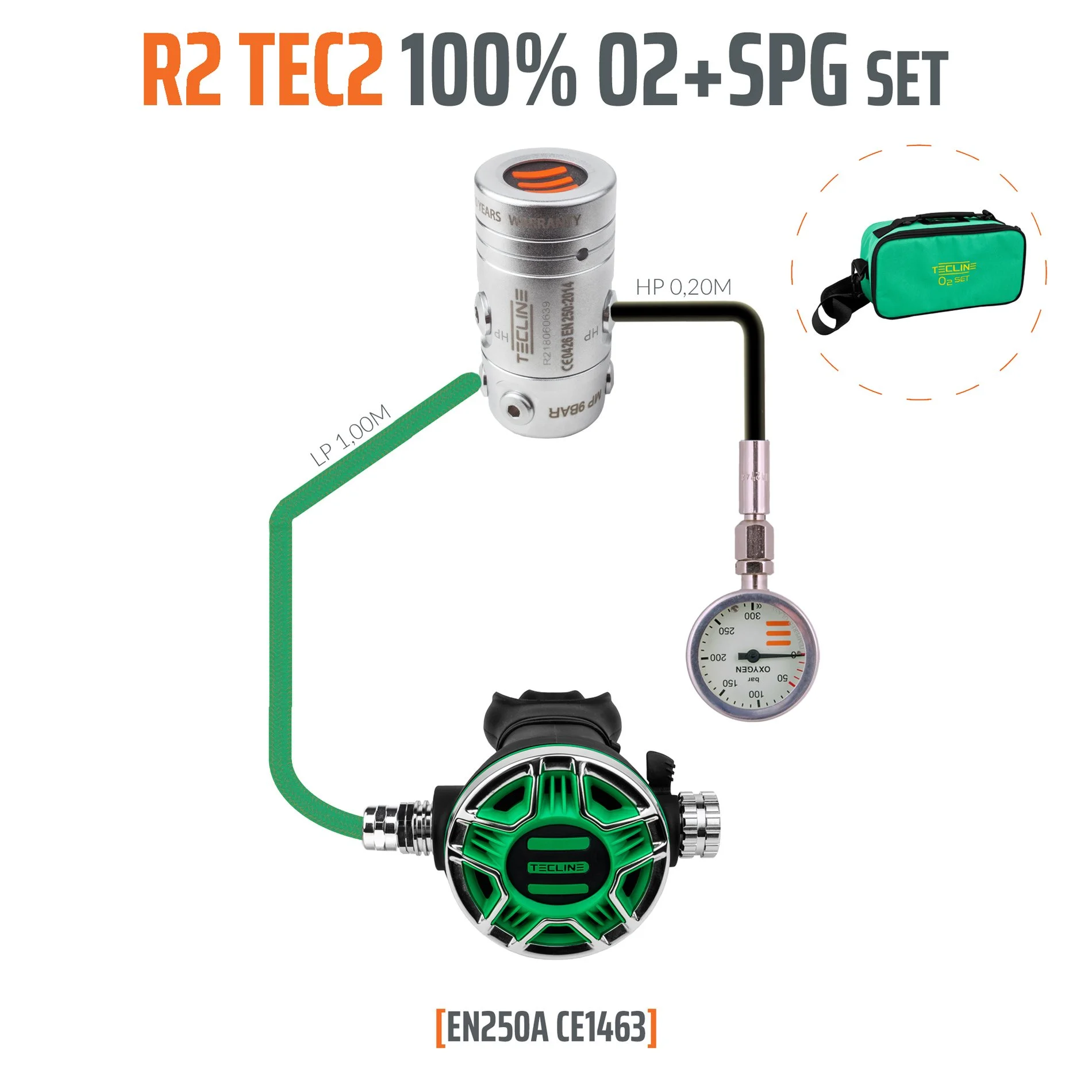 Tecline R2 TEC2 oxygen stage regulator set with green second stage, pressure gauge, hoses and carry bag