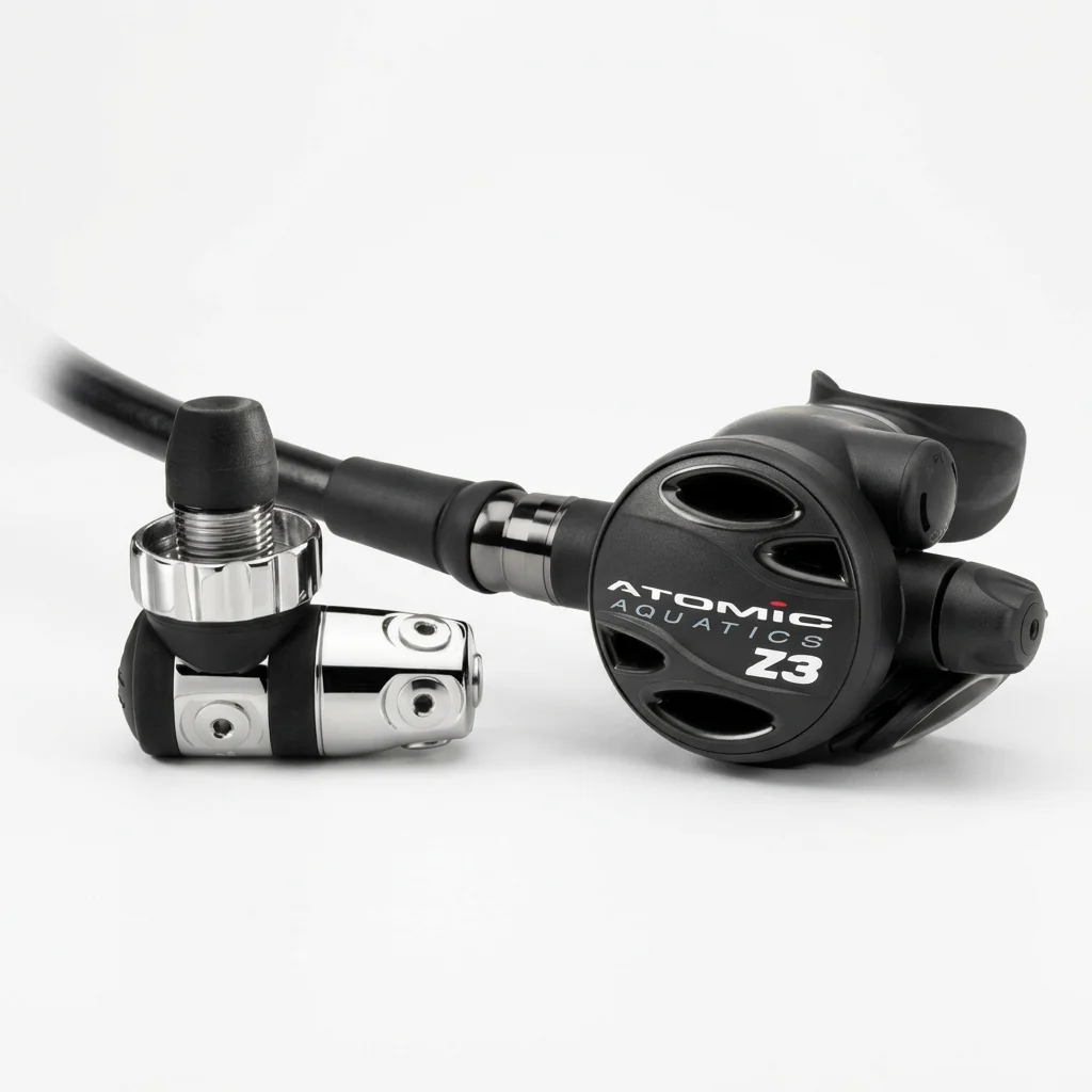Atomic Aquatics Z3 DIN regulator showing the first stage, black second stage and Comfort Swivel hose