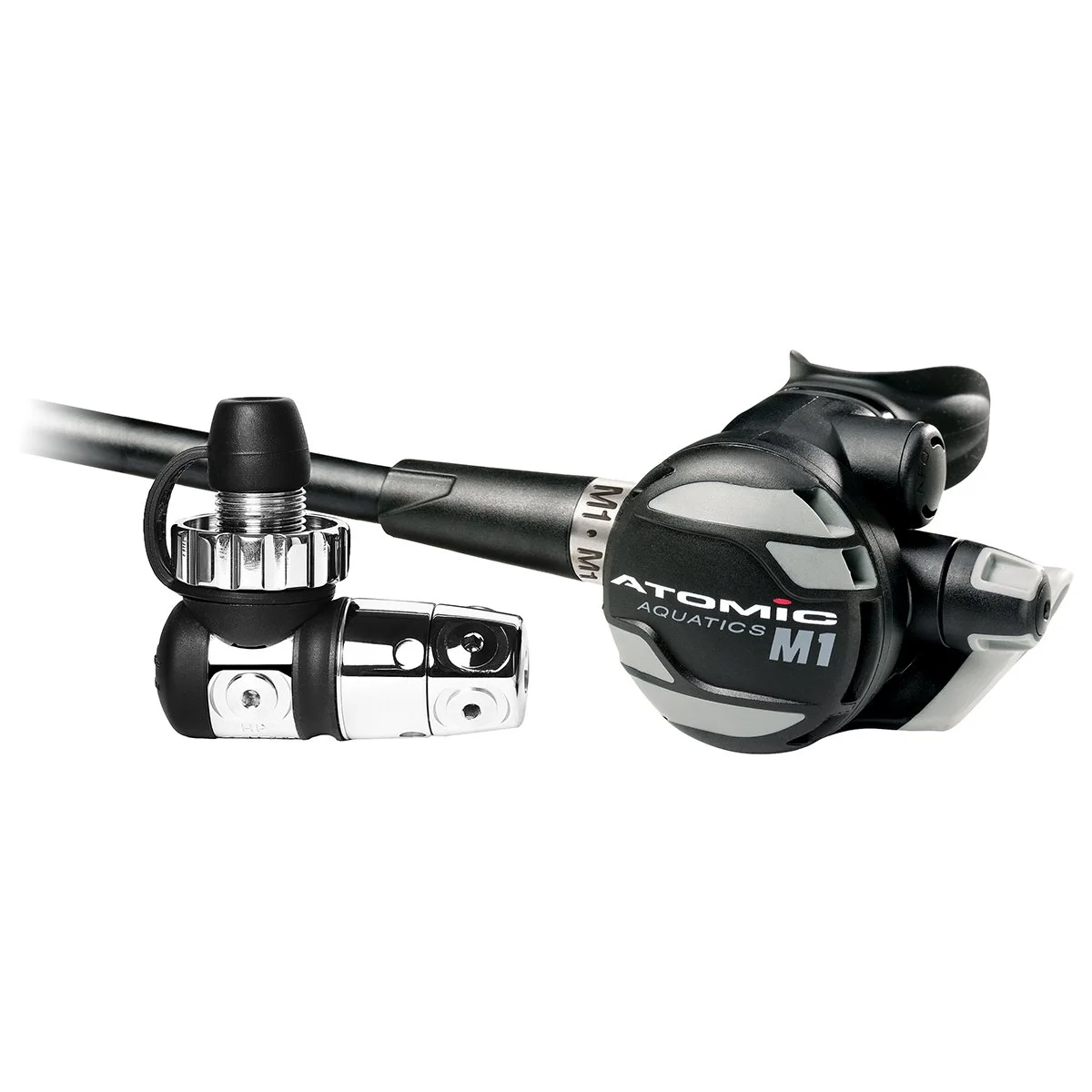 Atomic Aquatics M1 DIN regulator showing the chrome first stage, black and grey second stage and hose
