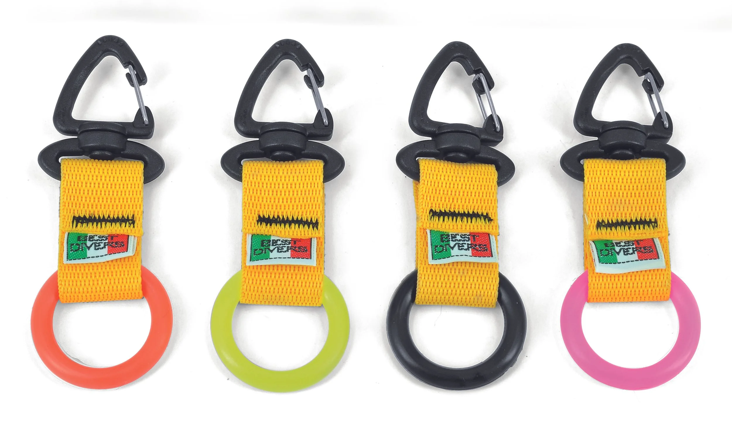 Best Divers octopus holders with yellow straps and orange, yellow, black and pink silicone rings