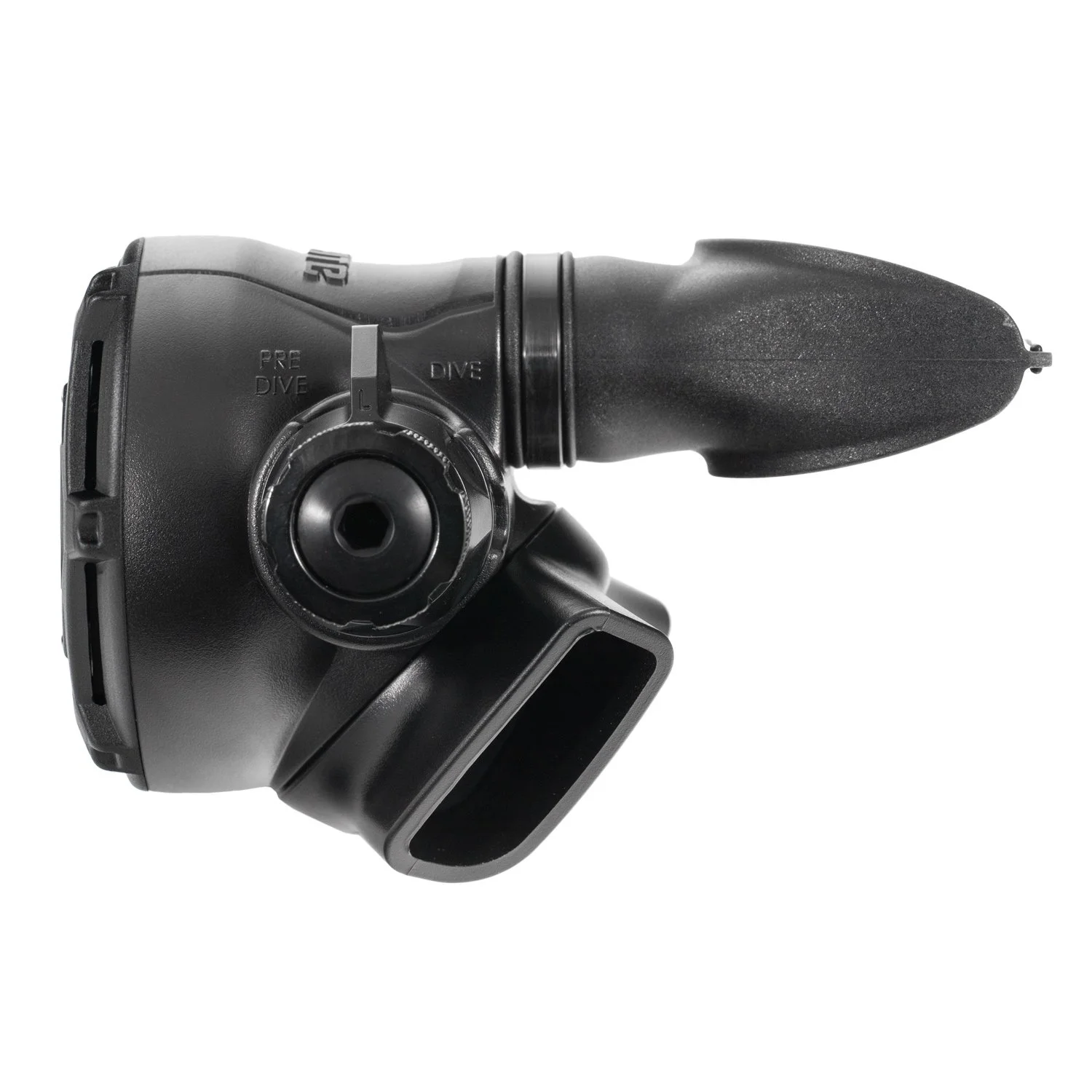 Dive Rite XT4 showing its breathing-resistance adjustment knob, dive/pre-dive lever and mouthpiece