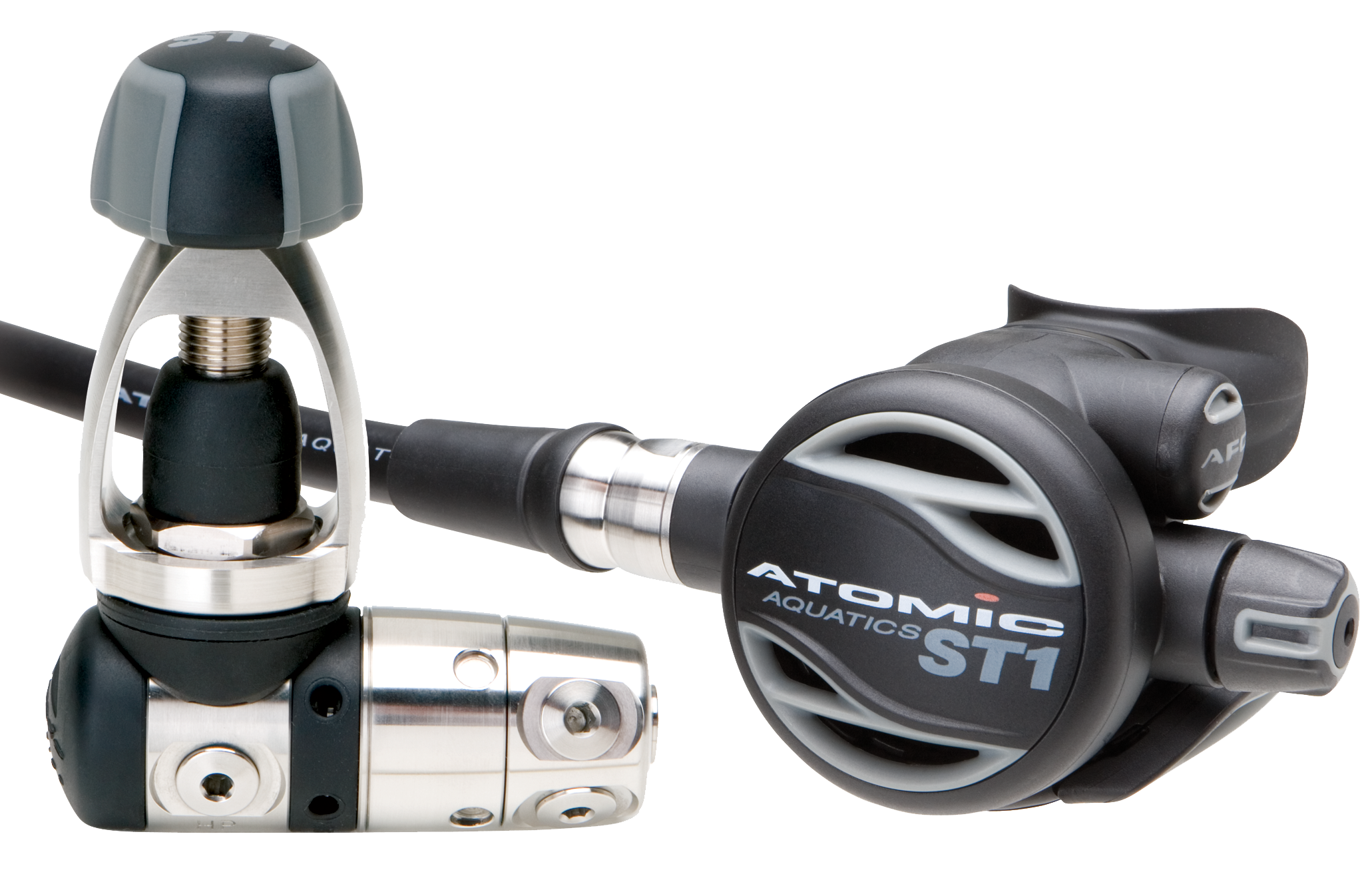 Atomic Aquatics ST1 yoke regulator showing the stainless steel first stage, black and grey second stage and Comfort Swivel hose