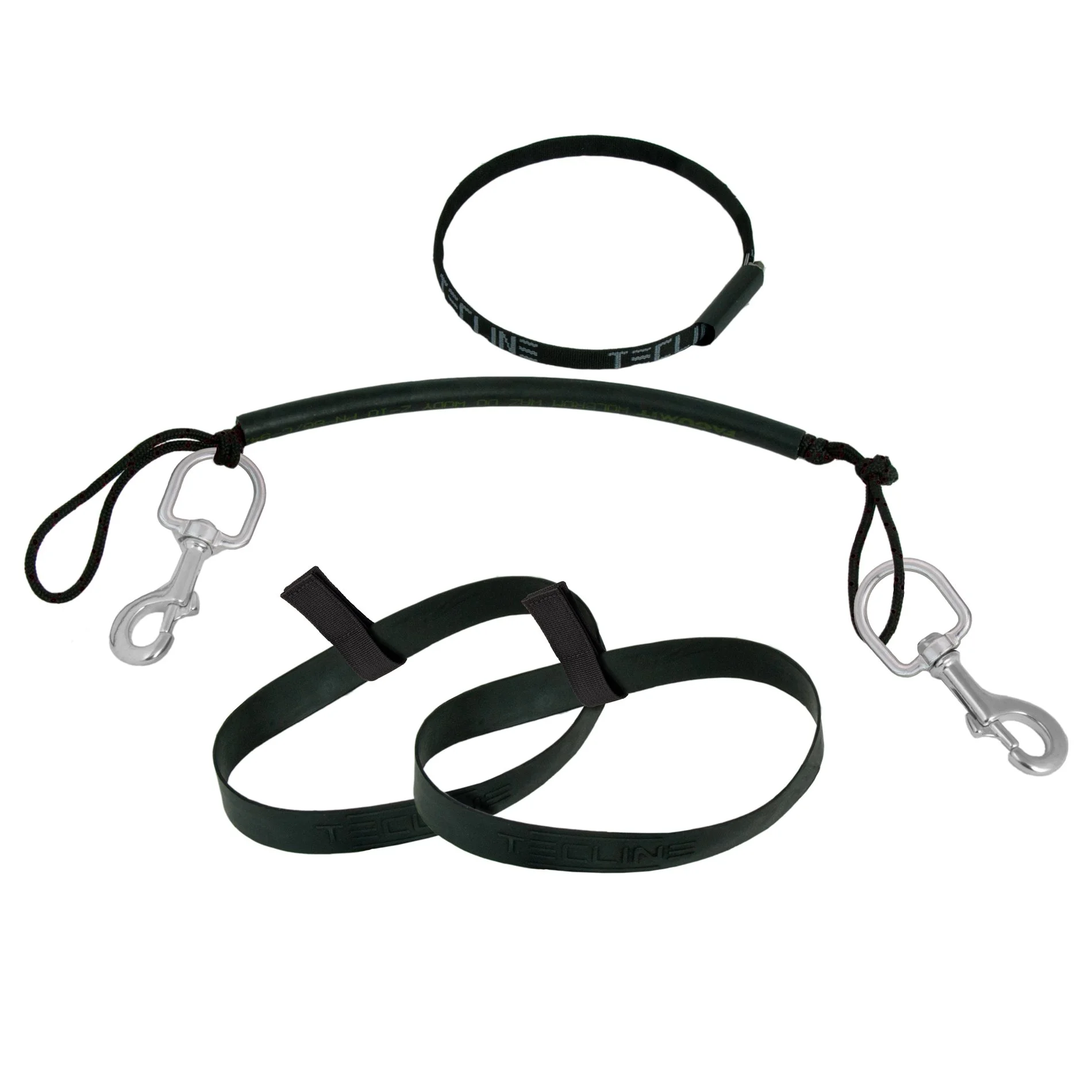 Tecline stage rigging kit with stainless steel bolt snaps and two rubber hose-retaining bands