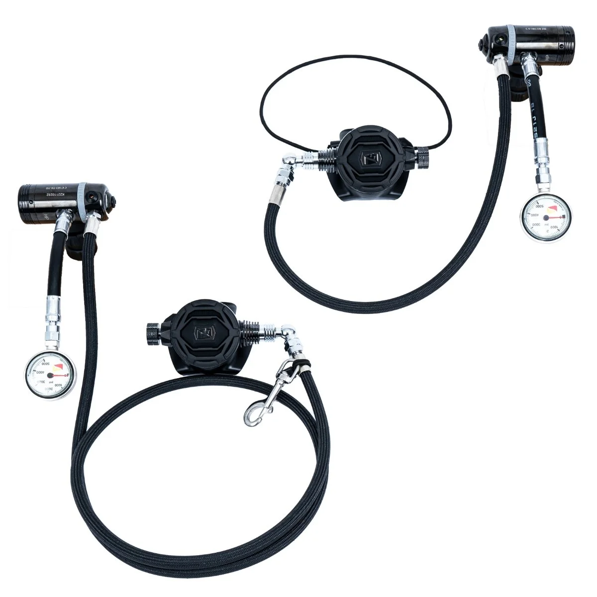 Dive Rite XT1/XT4 Right/Left sidemount regulator package with two first stages, separate pressure gauges and angled hose adapters
