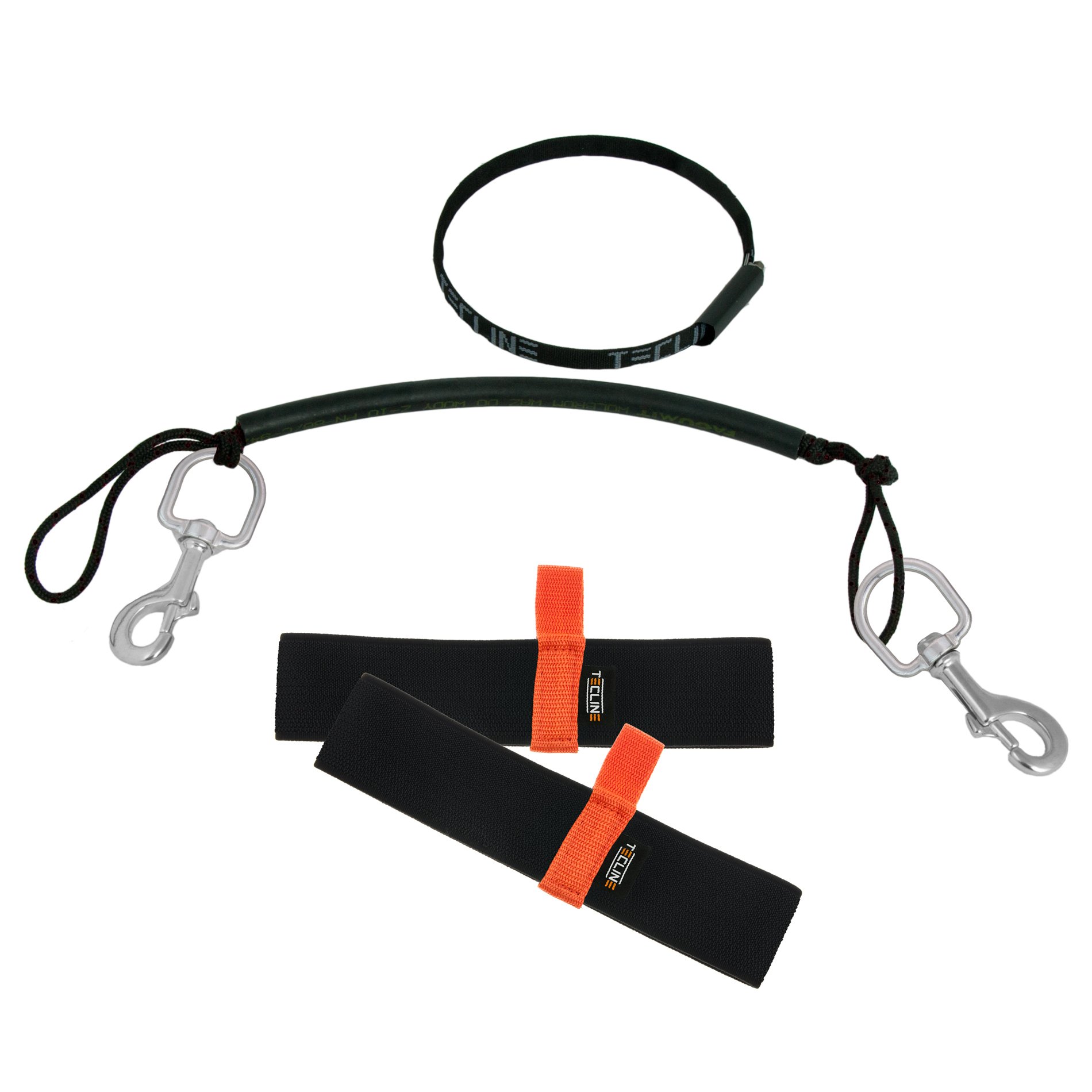 Tecline stage rigging kit with stainless steel bolt snaps and elastic bands with orange pull tabs