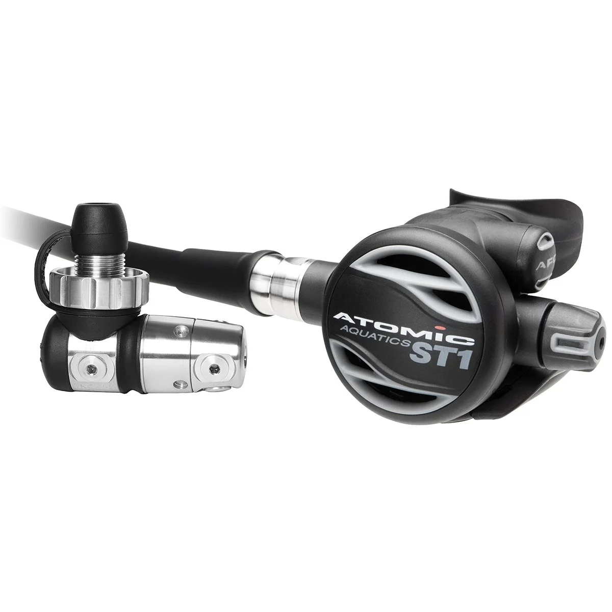 Atomic Aquatics ST1 DIN regulator showing the stainless steel first stage, black and grey second stage and Comfort Swivel hose