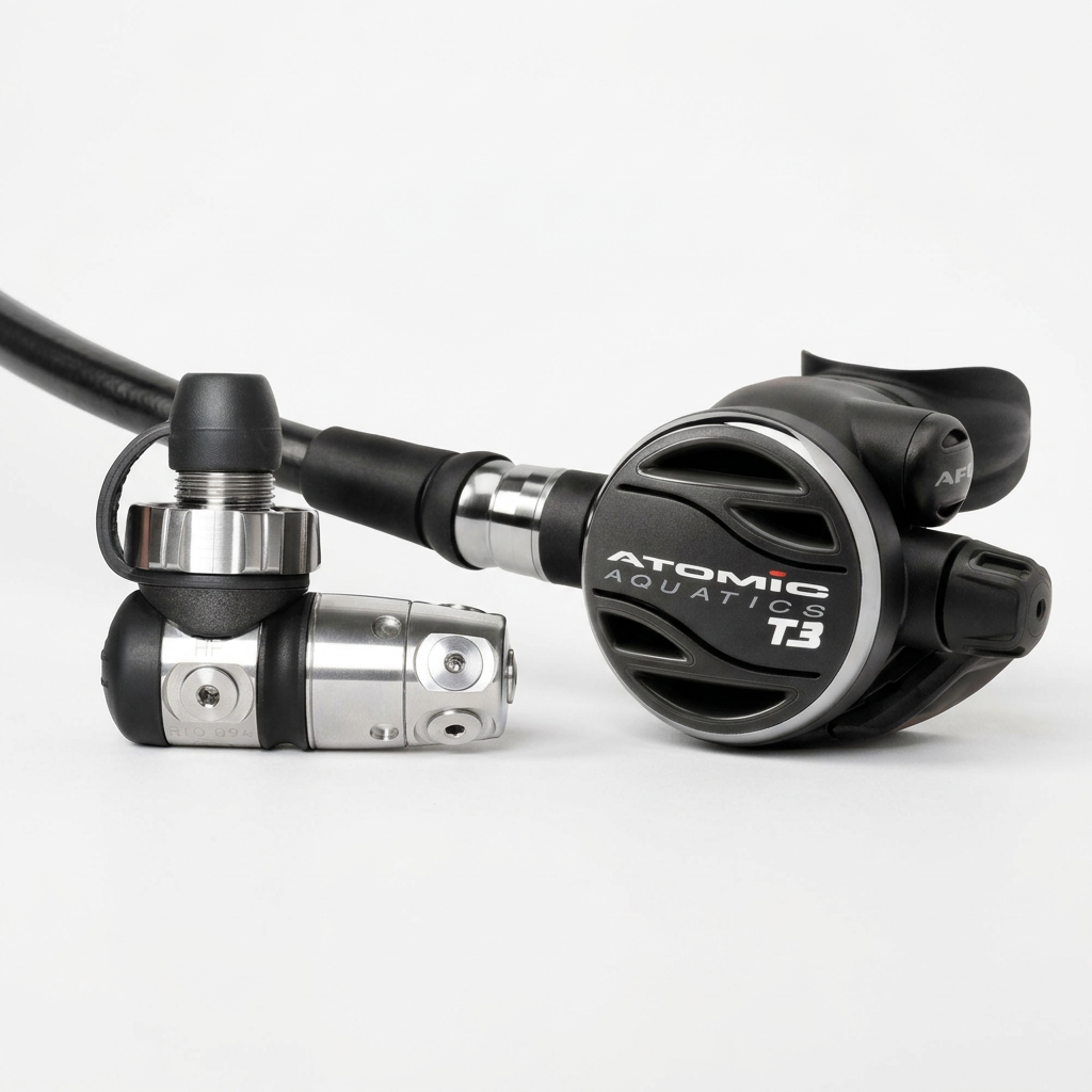 Atomic Aquatics T3 DIN regulator showing the titanium first stage, black second stage and titanium Comfort Swivel hose
