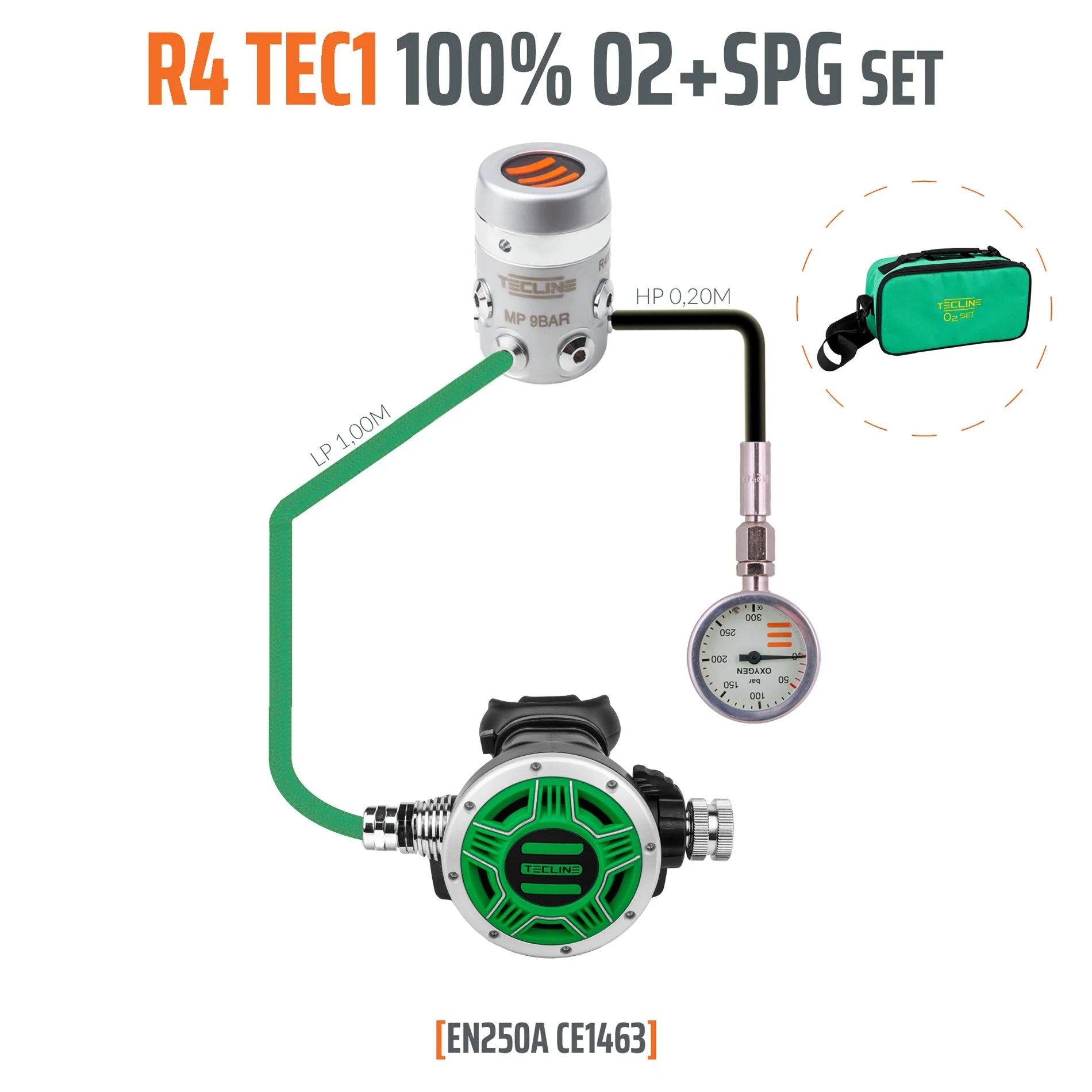 Tecline R4 TEC1 oxygen stage regulator set with green second stage, pressure gauge, hoses and regulator bag