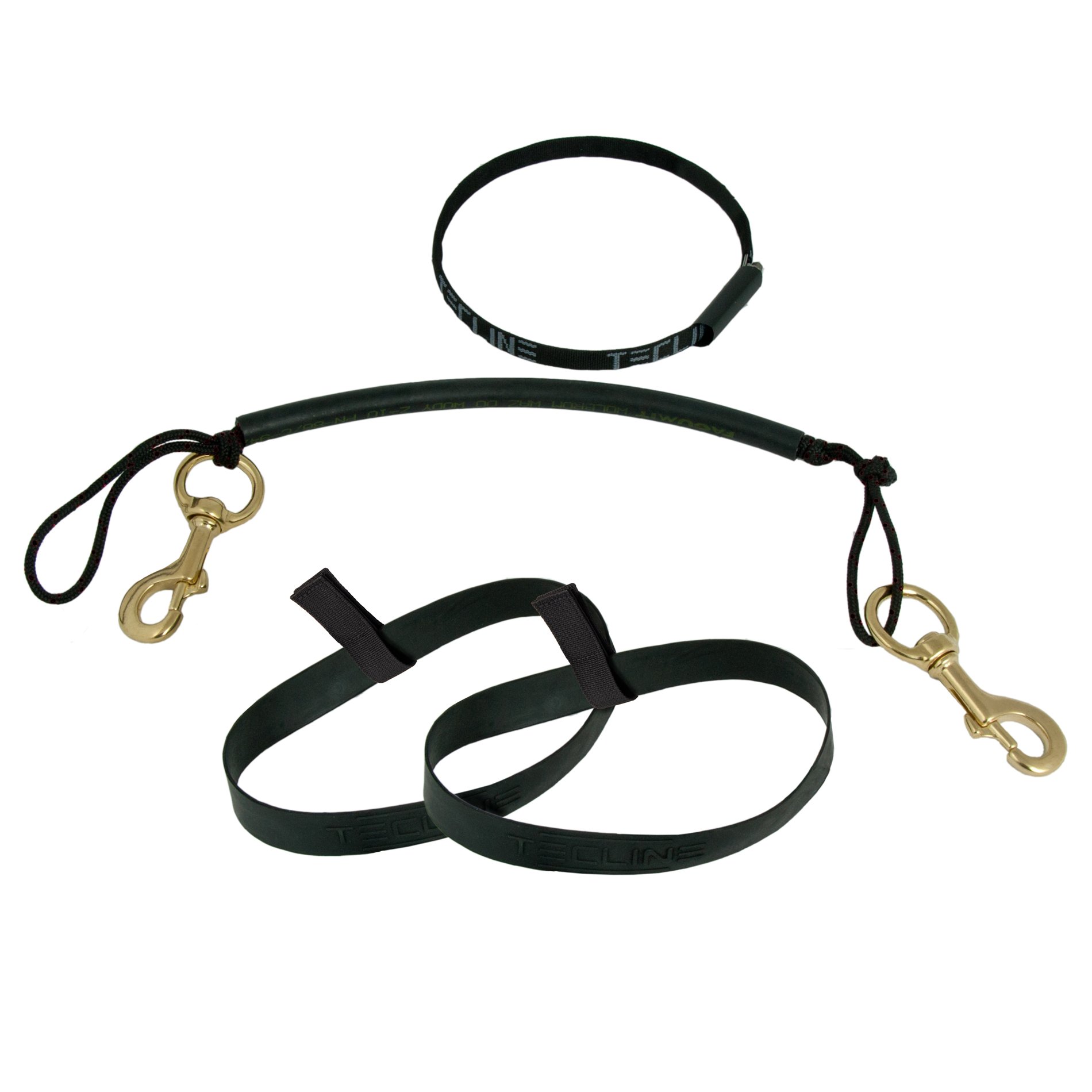 Tecline stage rigging kit with brass bolt snaps and two rubber hose-retaining bands