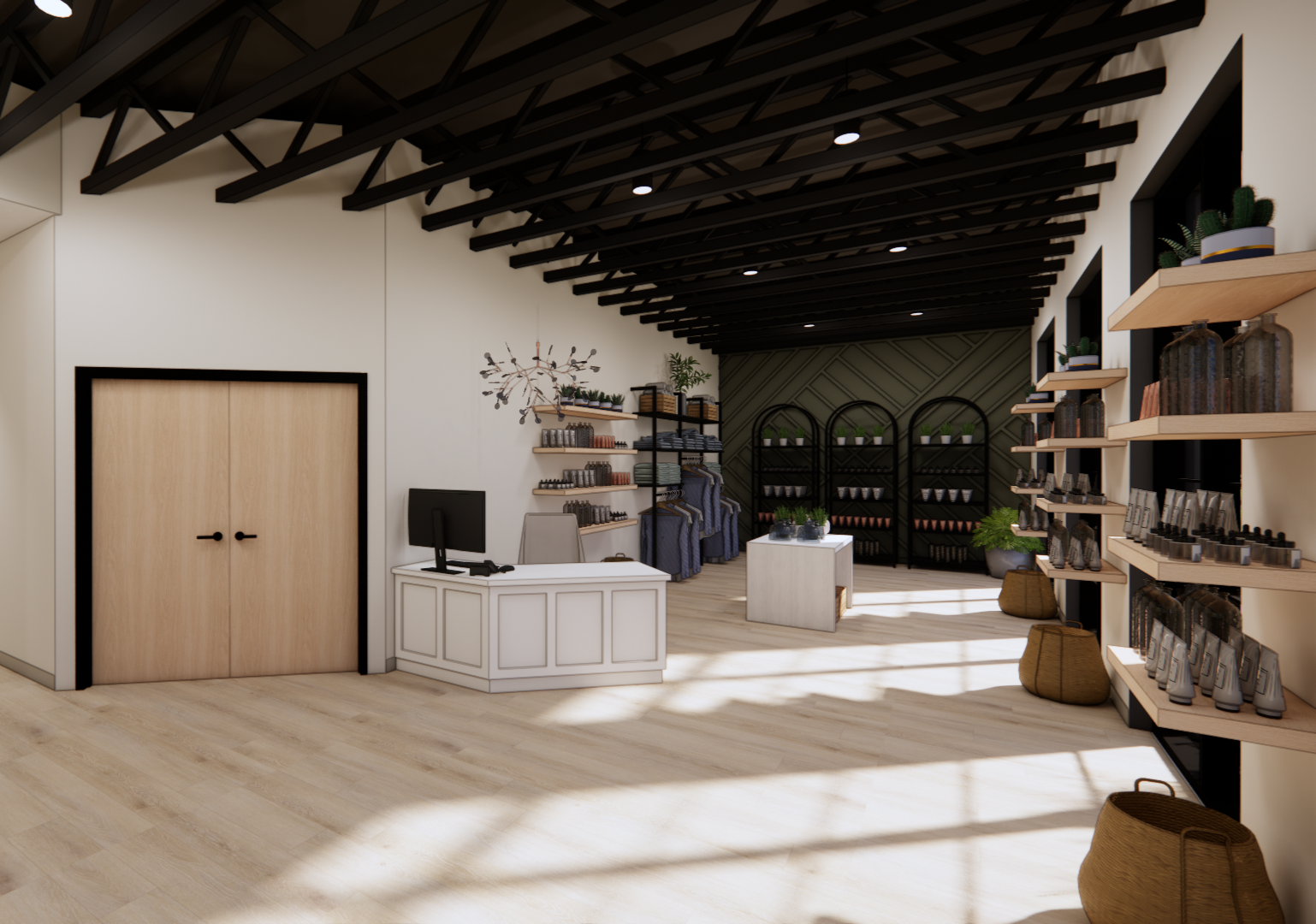 Thirty two main empowerment center retail space with black beams, light wood and wellness products