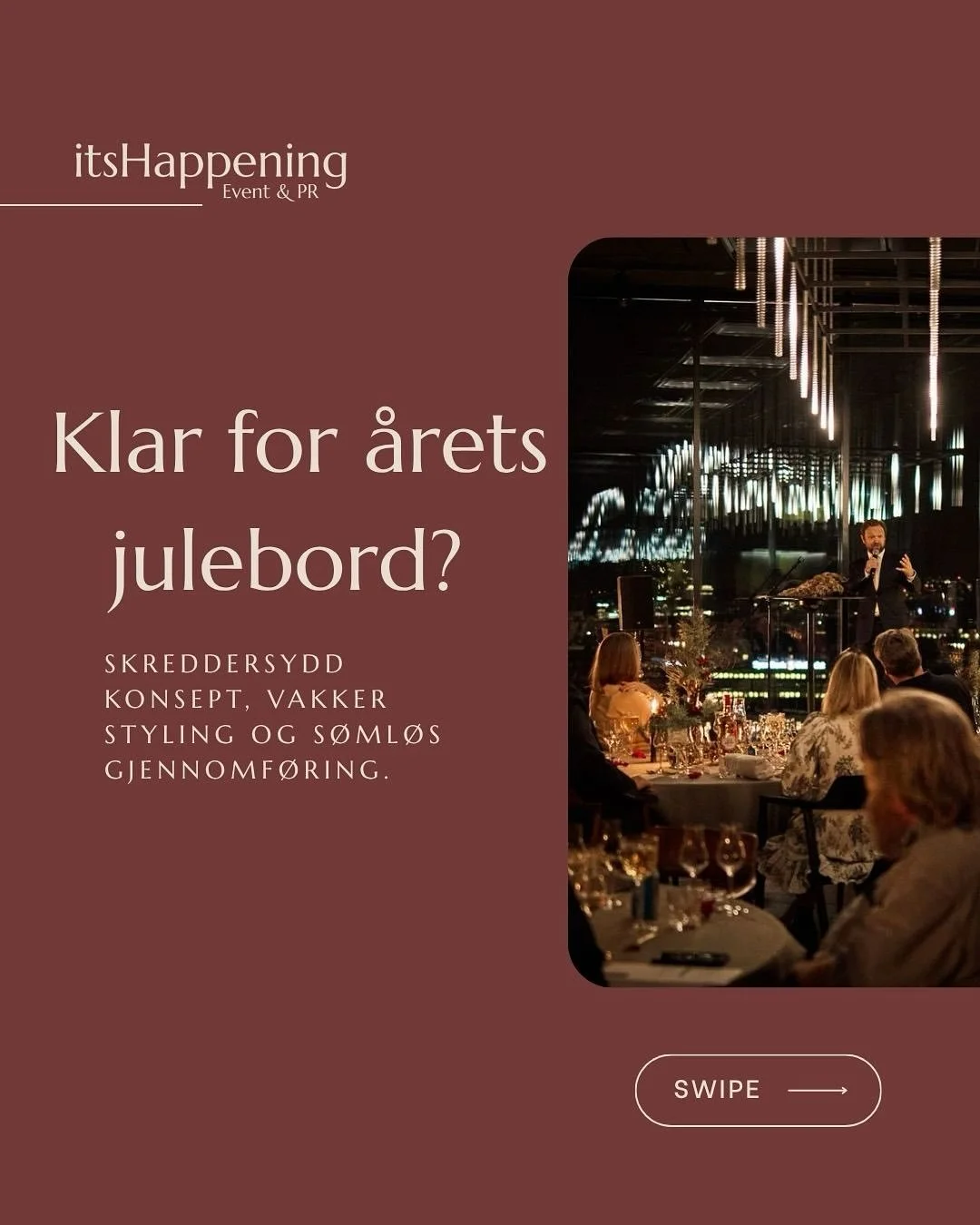 Julen n&aelig;rmer seg, og det er tid for &aring; samle kollegaene✨Vi hjelper deg med &aring; skape et julebord som b&aring;de ser bra ut, f&oslash;les gjennomf&oslash;rt og samler folk. Fra konsept og dekor til underholdning og teknikk. Vi tar h&ari