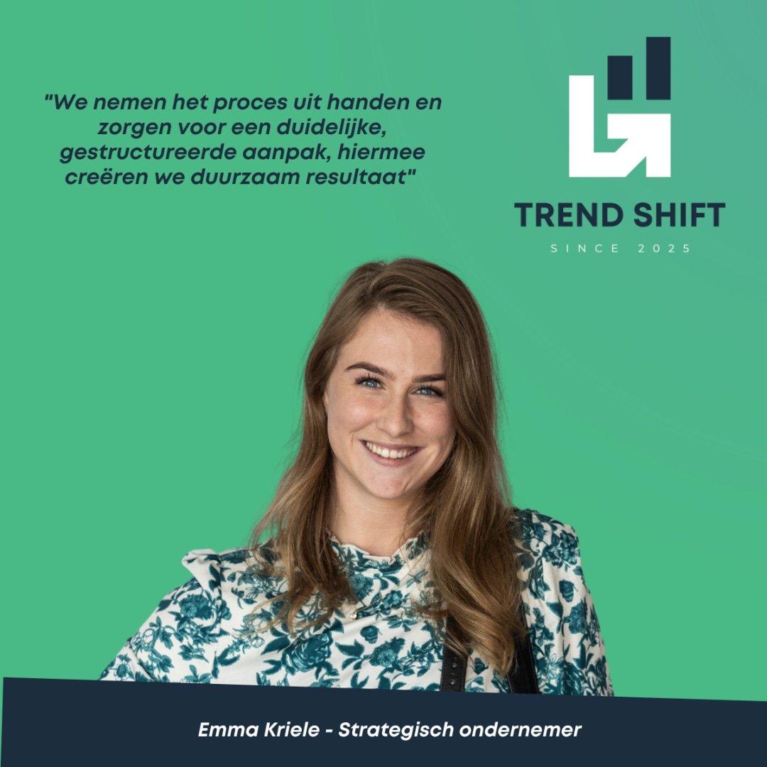 𝐌𝐚𝐚𝐤 𝐤𝐞𝐧𝐧𝐢𝐬 𝐦𝐞𝐭 𝐄𝐦𝐦𝐚

De drijvende kracht achter Trend Shift: Emma Kriele, een echte bezige bij. Als oprichtster van Trend Shift brengt zij haar kennis, durf en expertise samen in een gestructureerde aanpak die bedrijven helpt groeie