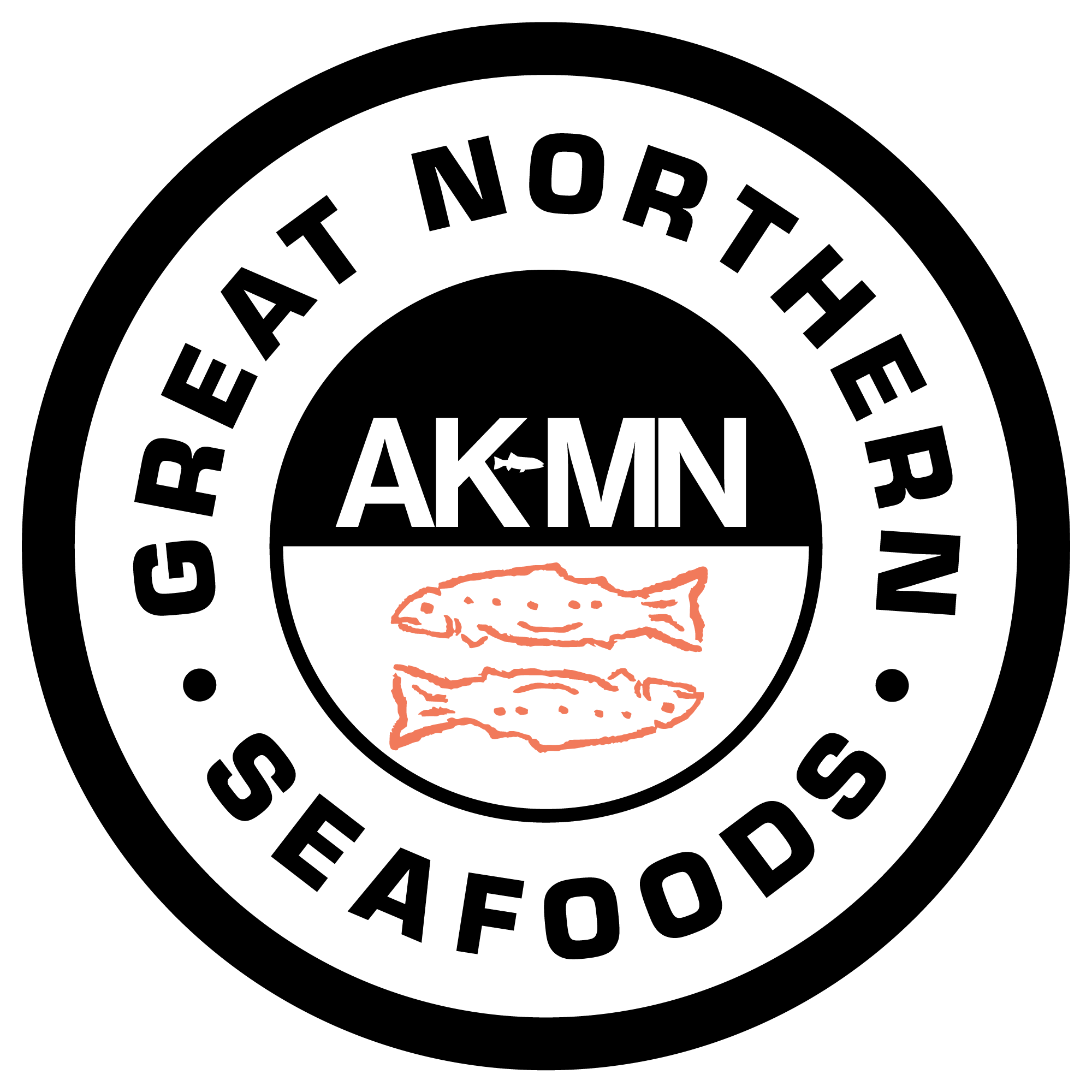 Circular Great Northern Seafoods logo. A primarily black and white badge design with orange accents in the form of salmon.