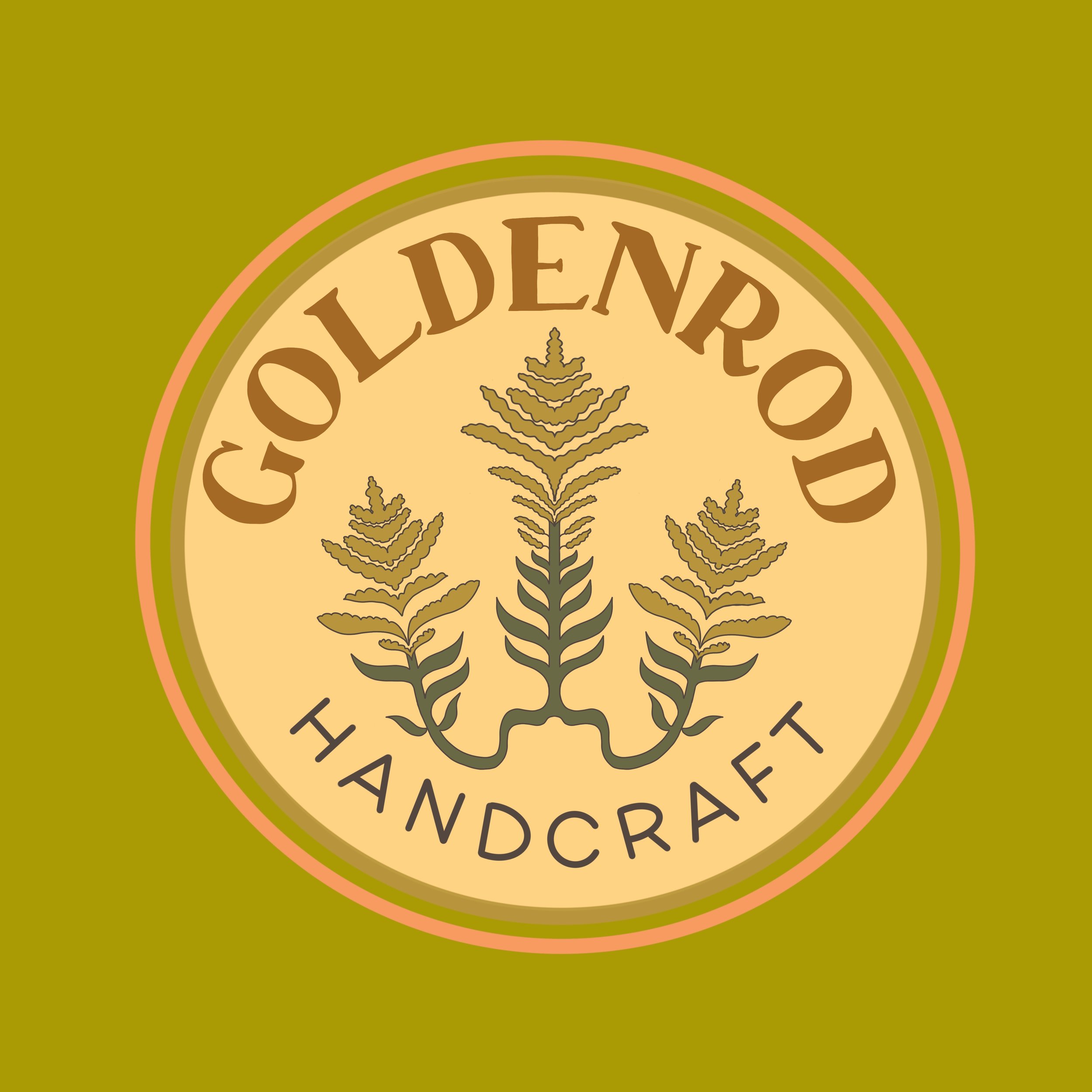 Circular logo for Goldenrod Handcraft. The outer badge has the top text 'GOLDENROD' in brown, curved over three stylized goldenrod plant stalks with a central curly-cue base. The text 'HANDCRAFT' in green-brown is curved underneath the stalks.