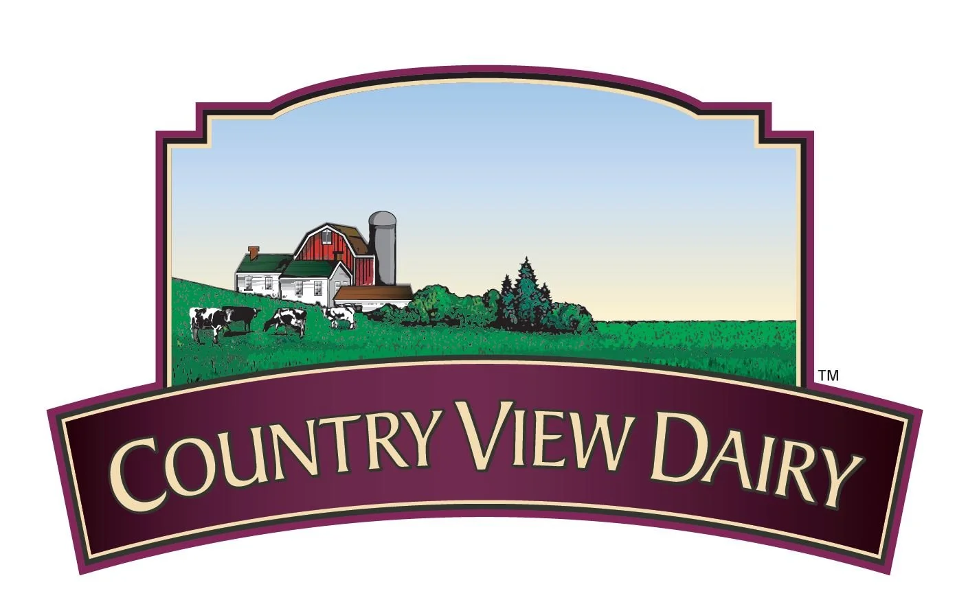 Country View Dairy logo with pale yellow text on a plum-colored design. 