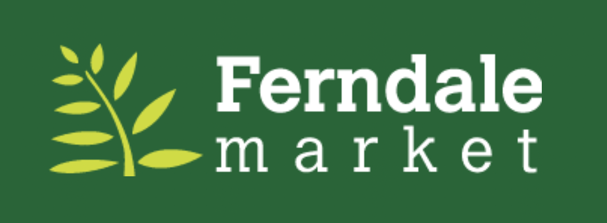 The logo for "Ferndale market" set against a dark green background. The logo features a light green stylized fern-like branch with several leaves on the left, and on the right, the text "Ferndale market" in a bold white font.