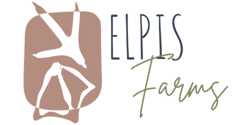 ELPIS Farms logo. On the left is a terracotta-colored shape containing a white bird footprint and a webbed duck footprint. To the right is the text 'ELPIS' in dark navy blue and 'Farms' in sage green script.